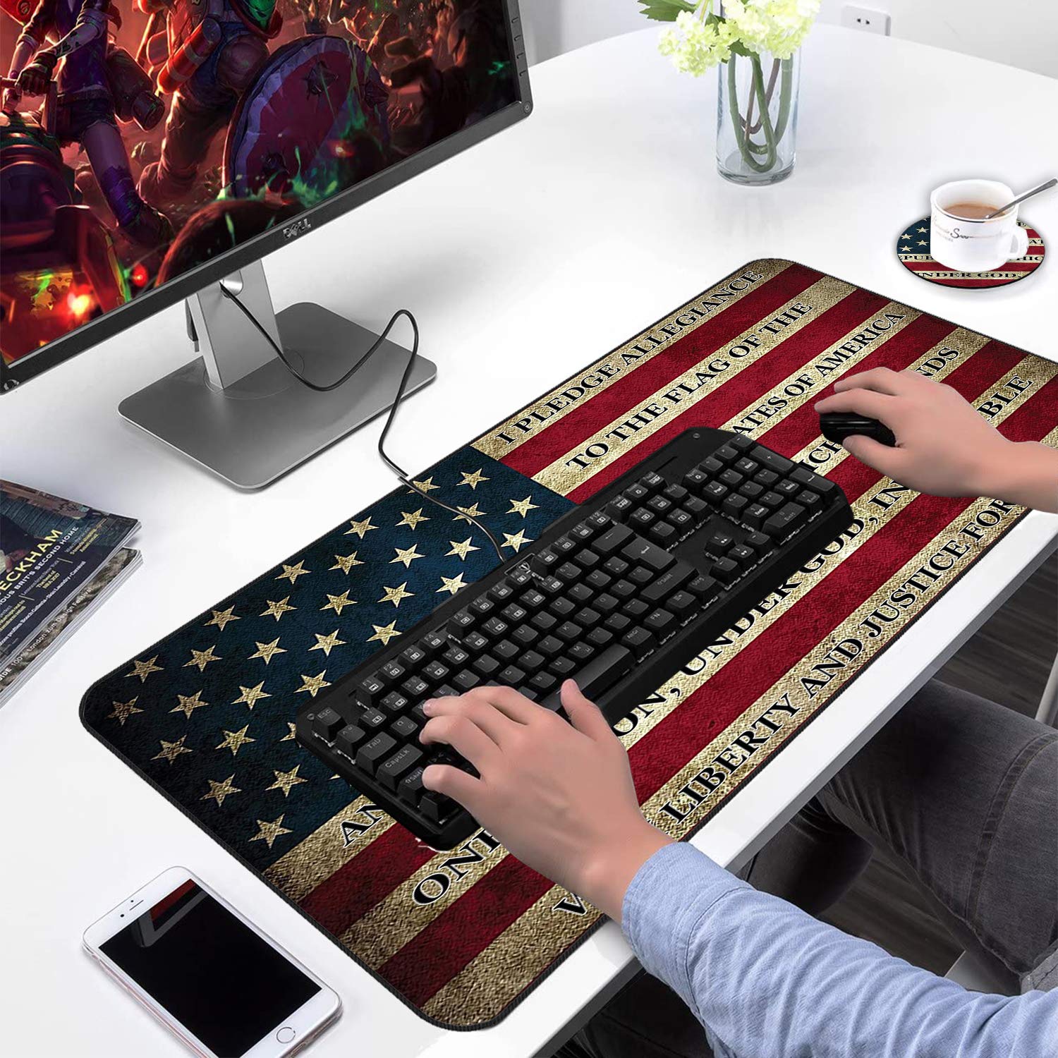 Large Extended Gaming Mouse Pad with Non-Slip Rubber Base & Stitched Edges - Waterproof Desk Mat for Work, Office, Home - USA Flag Patriotic Design - Perfect for Gamers, Professionals & Home Office Use