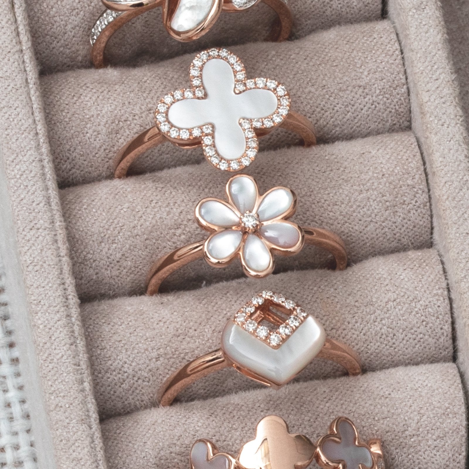 14k Rose Gold Mother of Pearl Flower Ring with Diamond Center - Elegant Jewelry for Weddings, Anniversaries & Special Occasions