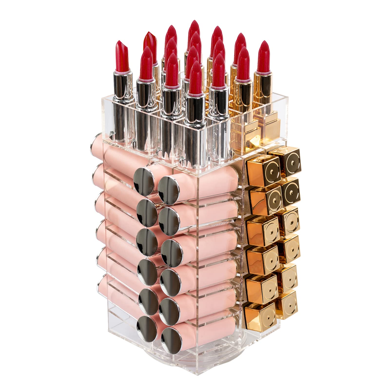 Display4Top Acrylic Rotating 64-Slot Lipstick Organizer - 360° Spinning Lipstick Tower with Removable Dividers | Perfect for Makeup Vanity, Cosmetic Display & Beauty Salon Organization