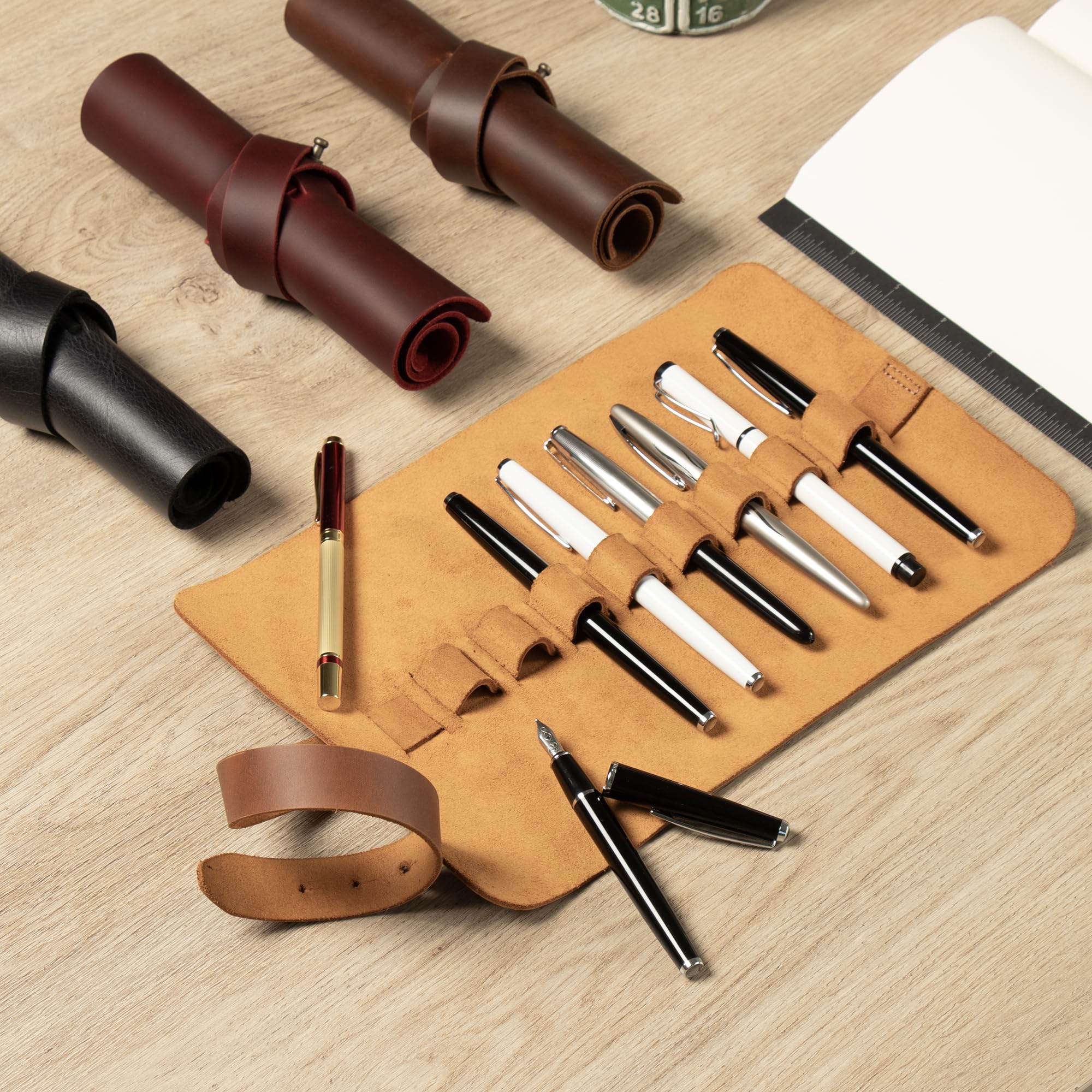 Vintage Leather Pen and Pencil Case with Metal Snap Closure - Genuine Leather Stationery Pouch for School, Office & Travel Organization