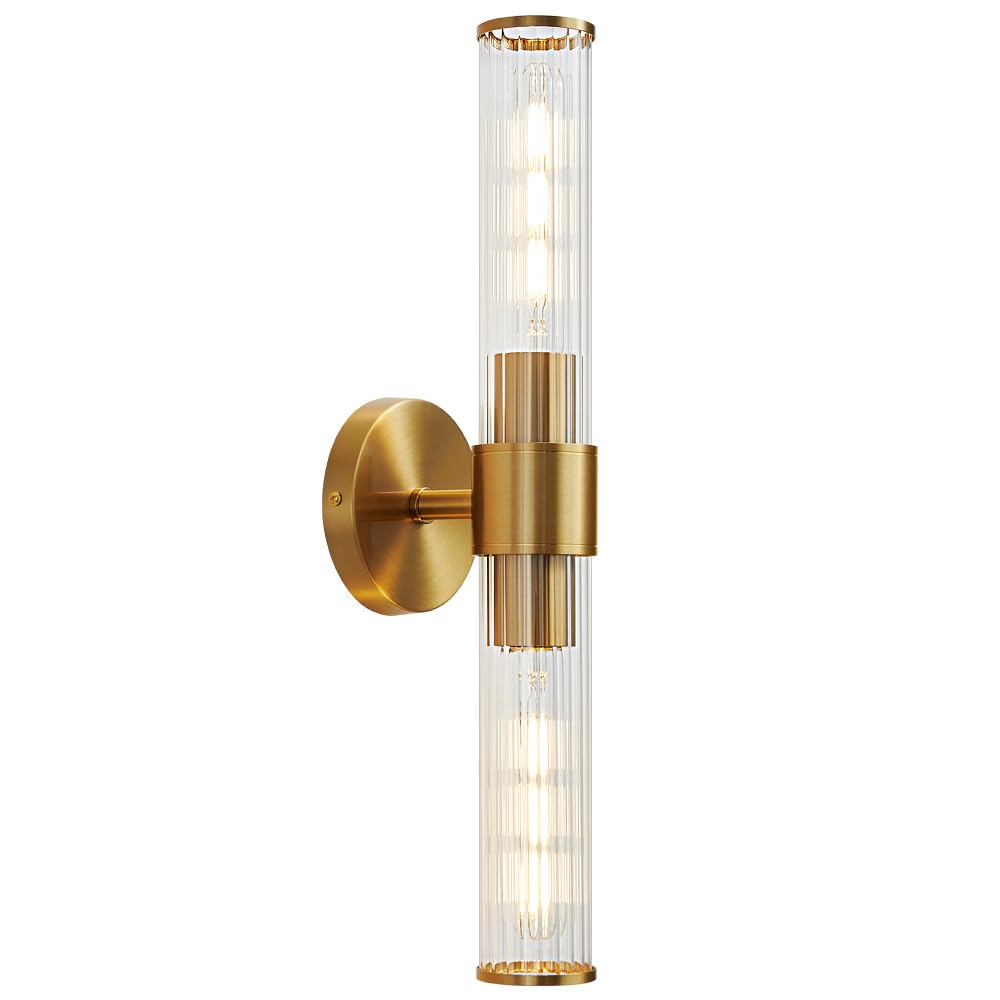 Modern Gold Wall Sconce with Threaded Glass - Bathroom Vanity Light Fixture, Up & Down Lighting for Bathroom, Living Room, Hallway & Kitchen - Elegant Indoor Wall Lighting for Home Decor