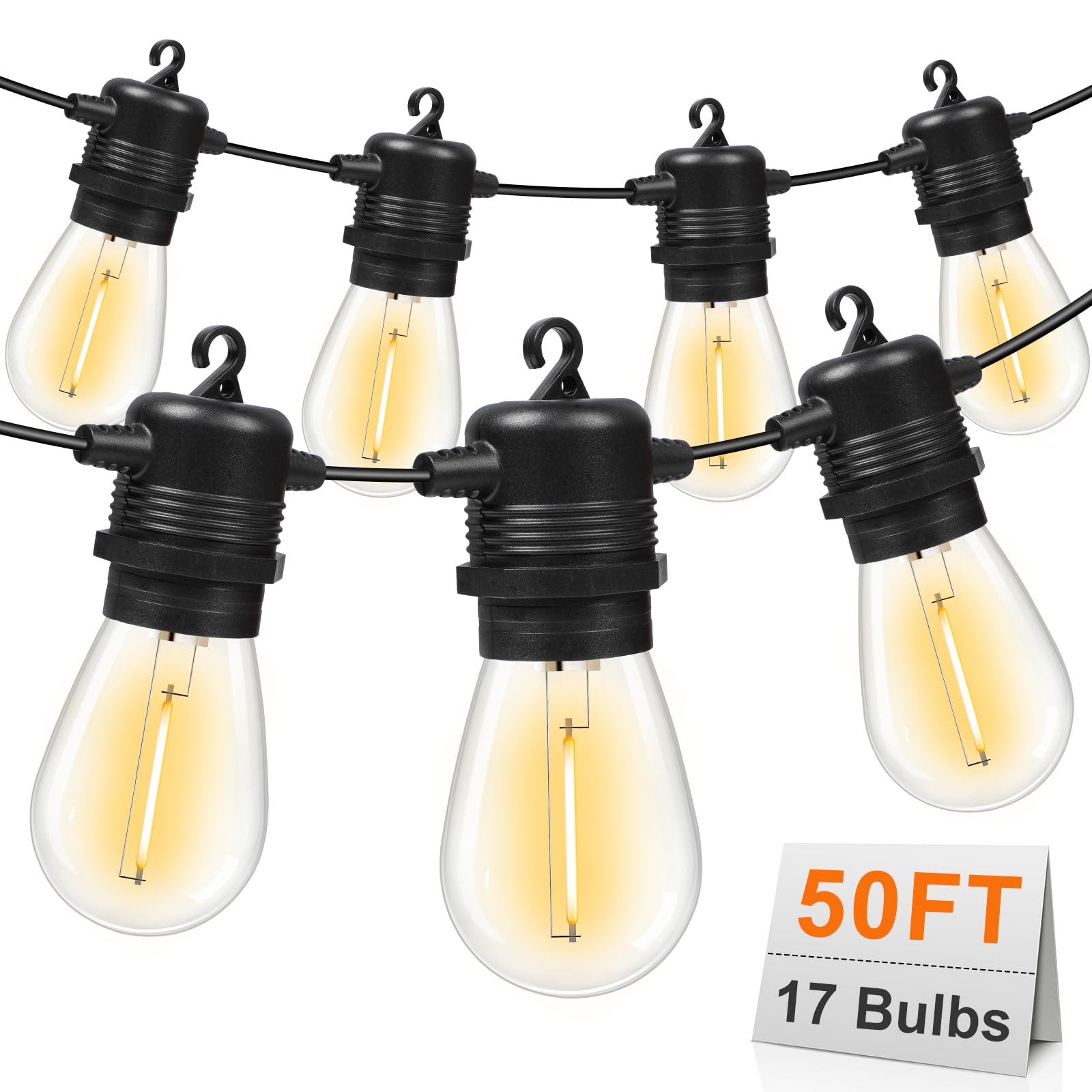 50FT Commercial Grade LED Outdoor String Lights - 17 Shatterproof Waterproof S14 Replaceable Bulbs (Includes 2 Spare) - 2700K Warm White for Patio, Yard, Garden, Porch & Deck Decor - Perfect for Outdoor Parties, Weddings & Backyard Lighting
