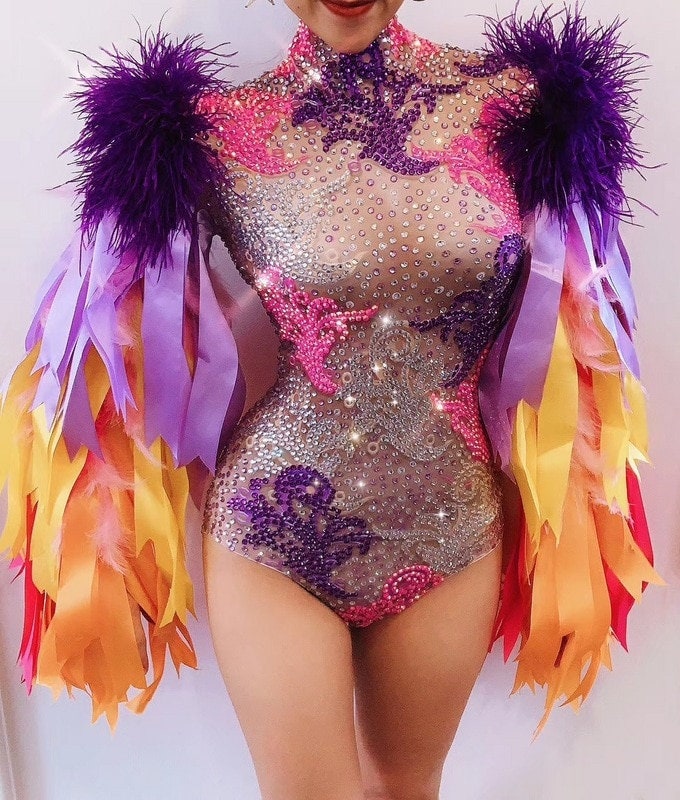 Sparkling Rhinestone Bodysuit Jumpsuit - Multi-Colored Sequin Costume for Carnival, Halloween & Party Wear | Perfect for Dance Performances, Cosplay & Festive Events