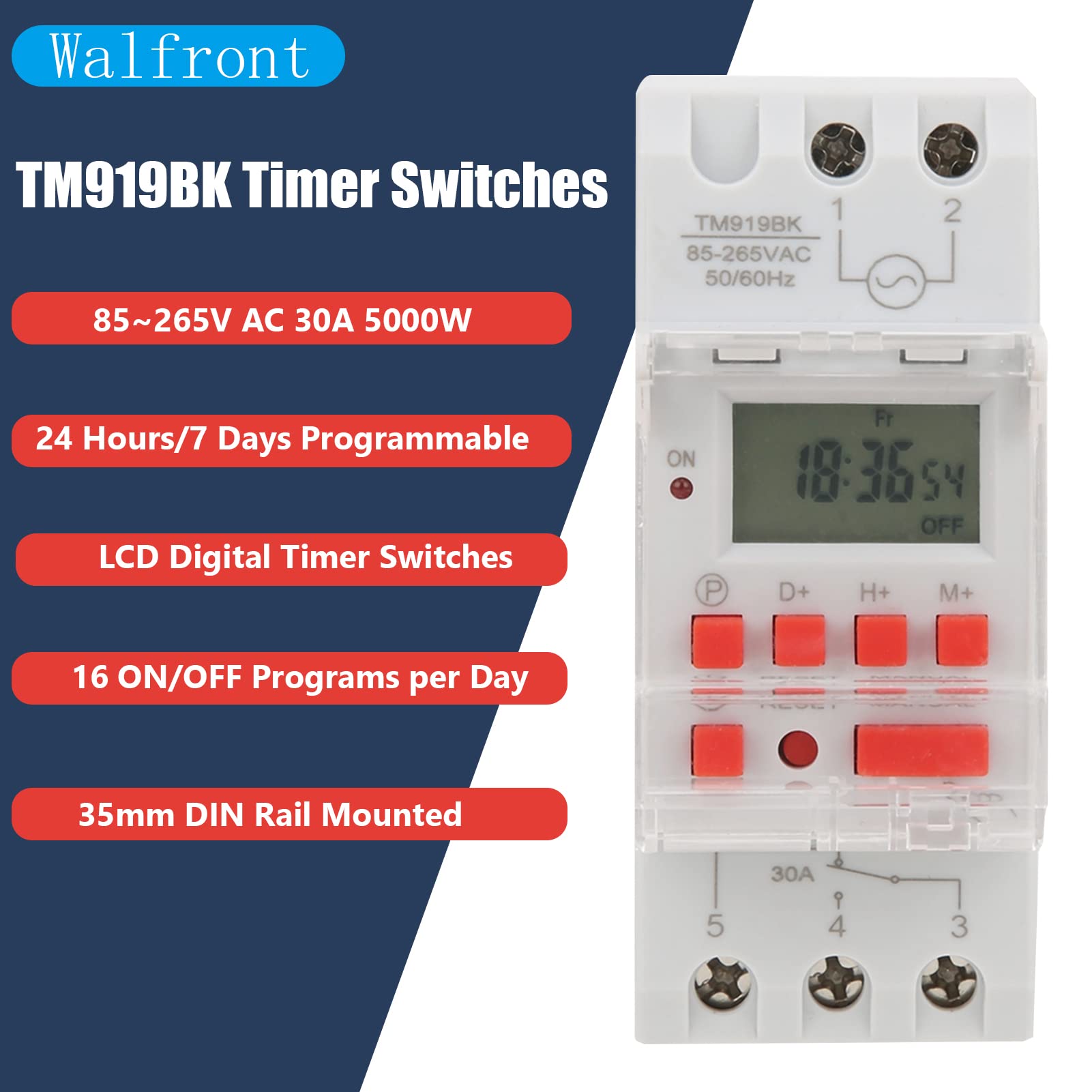 TM919BK Digital Timer Switch - AC 85-265V 30A, 24H/7D Programmable with 16 On/Off Settings & Countdown Function | Perfect for Home Automation, Lighting Control, and Energy Saving