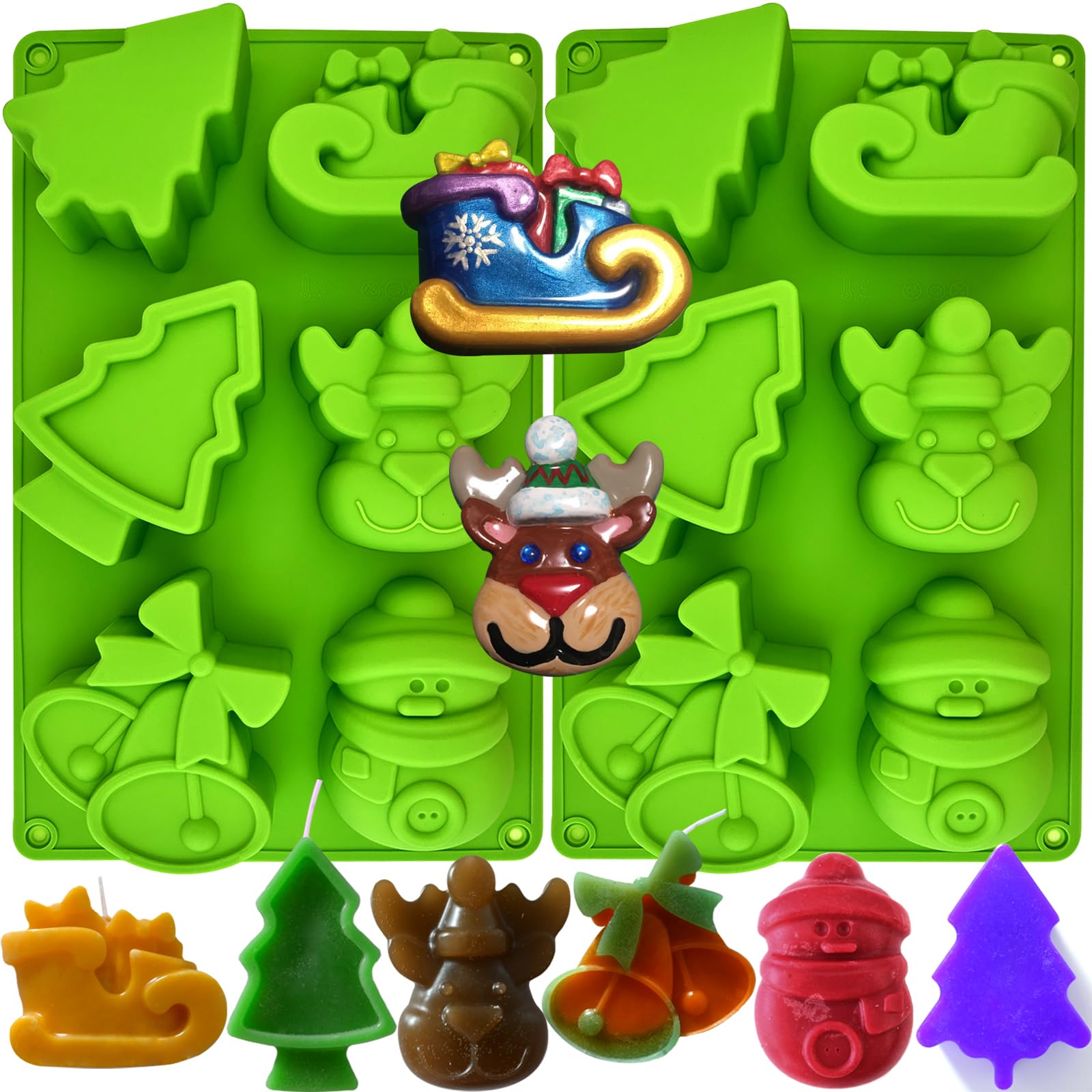 Christmas Silicone Molds Set - 2Pcs 3D Holiday Soap & Candle Molds (Tree, Reindeer, Sleigh, Snowman, Bell) for DIY Baking, Handmade Soap, Christmas Decorations - Perfect for Holiday Crafts, Gift Making & Festive Home Decor