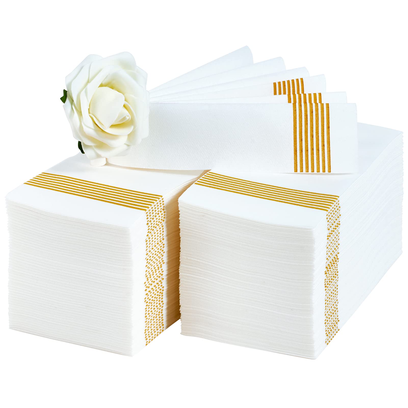 100 Packs Premium Linen-Like Disposable Guest Towels - Soft & Absorbent Dinner Napkins for Kitchen, Bathroom, Party & Wedding Events (Striped Gold) | Ideal for Home, Restaurant & Special Occasions