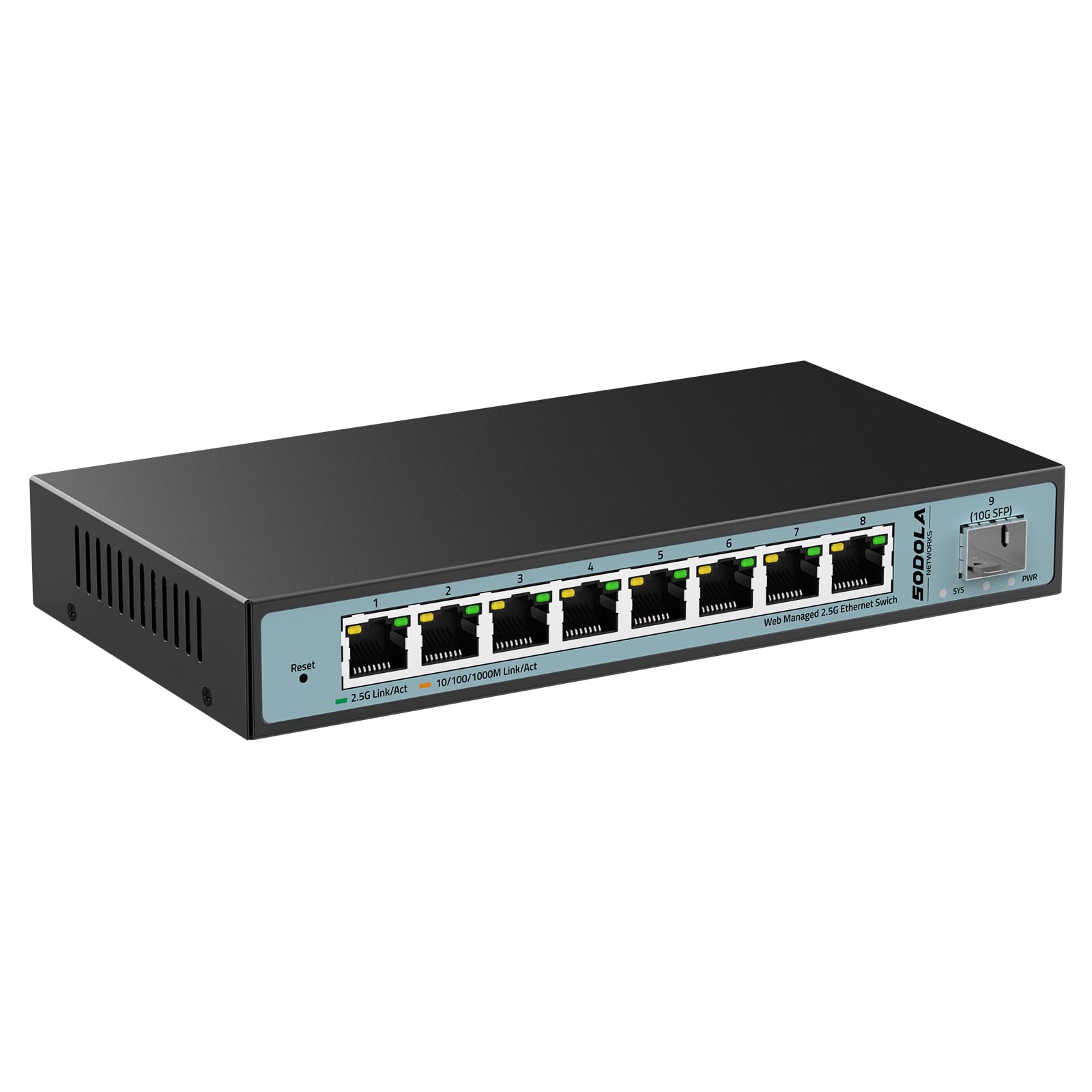 SODOLA 9-Port 2.5G Smart Managed Ethernet Switch with 10G SFP Slot - 8 x 2.5G Base-T Ports, Static Aggregation, QoS, VLAN, IGMP Support - Fanless Metal Design for Home Office & Small Business Networks