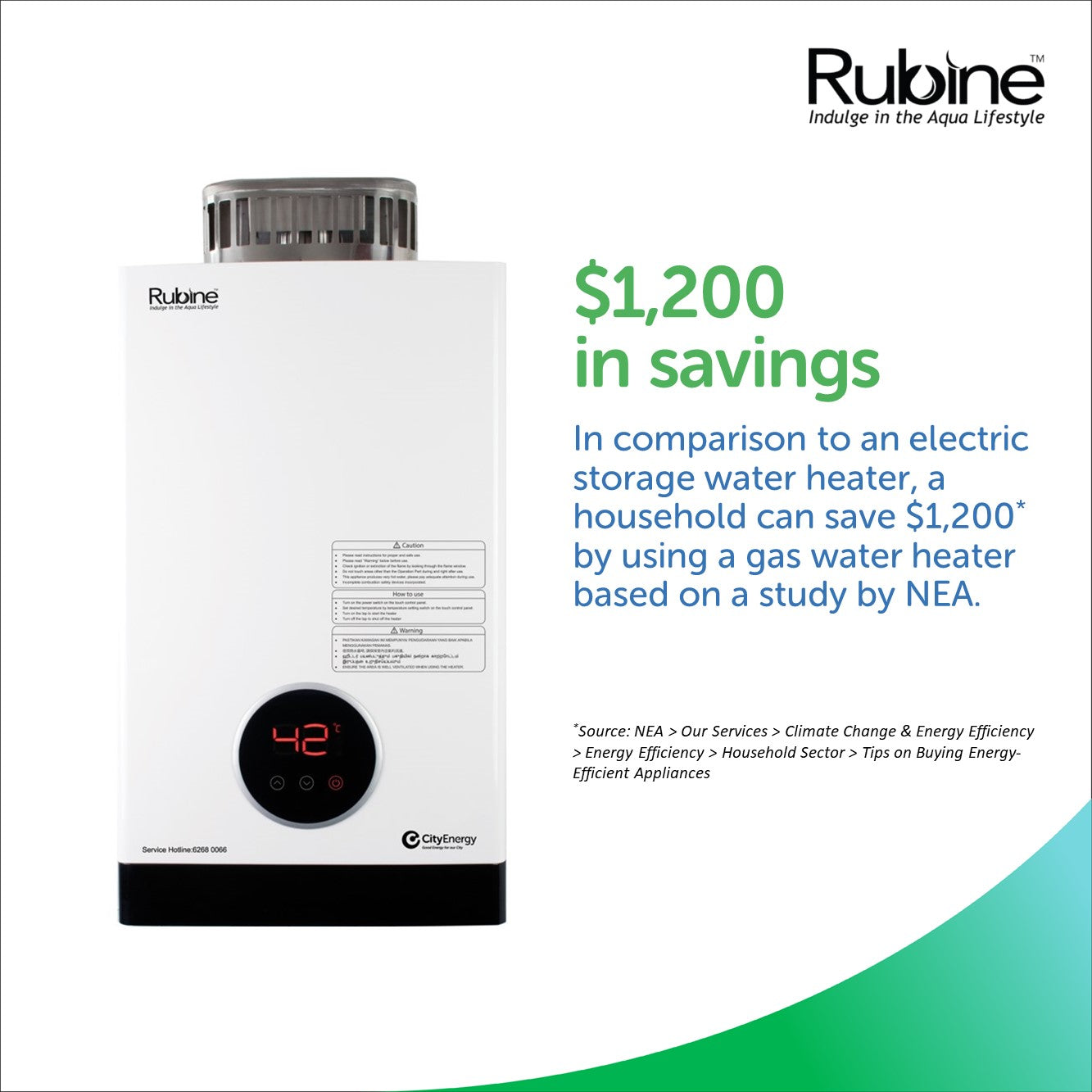 Rubine Bene 10Fe Tankless Gas Water Heater - Instant Hot Water On Demand for Home, Kitchen & Bathroom - Energy Efficient & Space Saving Design