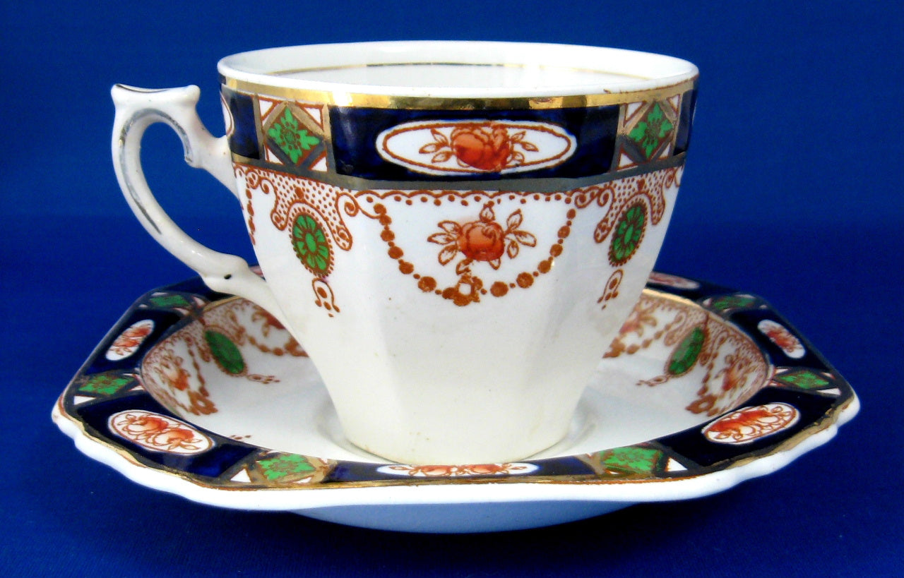 Vintage Imperial Derby Imari Cup and Saucer Set - Cobalt Blue & Rust Design by T. Hughes England 1920s Antique Tea Set for Collectors & Afternoon Tea Lovers
