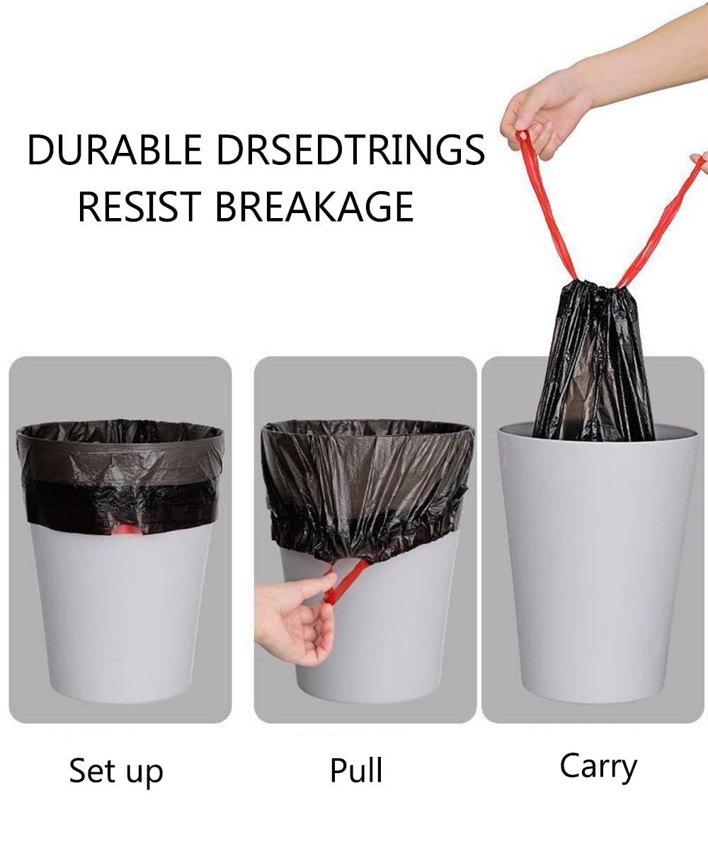 Feisco 1.8 Gallon Small Black Trash Bags with Drawstring - 120 Count, 0.51 Mil Thick Garbage Can Liners for Bathroom, Office, Bedroom & Kitchen Waste Disposal