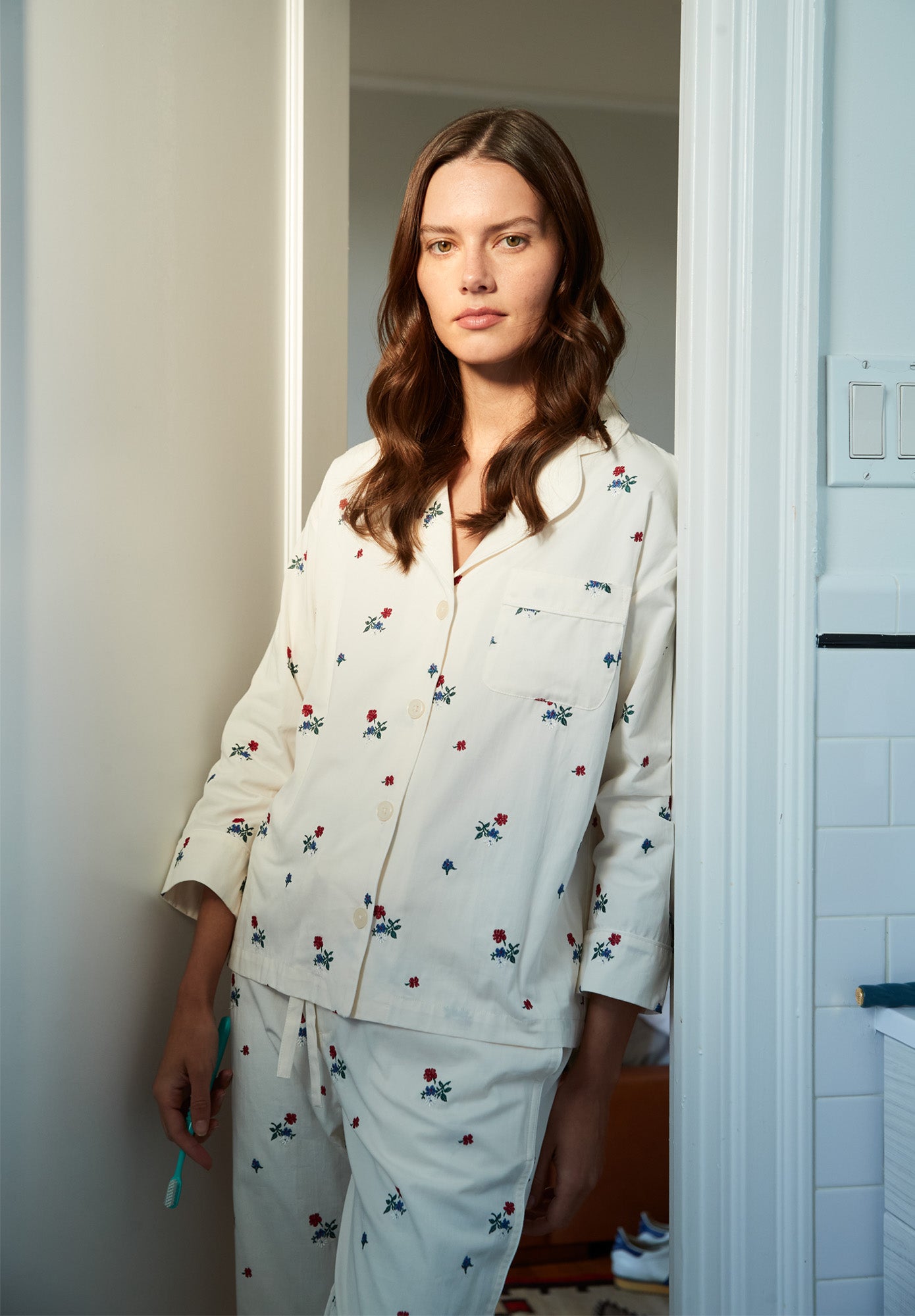 Embroidered Posy Floral Pajama Set for Women - Soft Cotton Sleepwear & Loungewear - Perfect for Relaxing at Home, Spa Days, and Cozy Nights