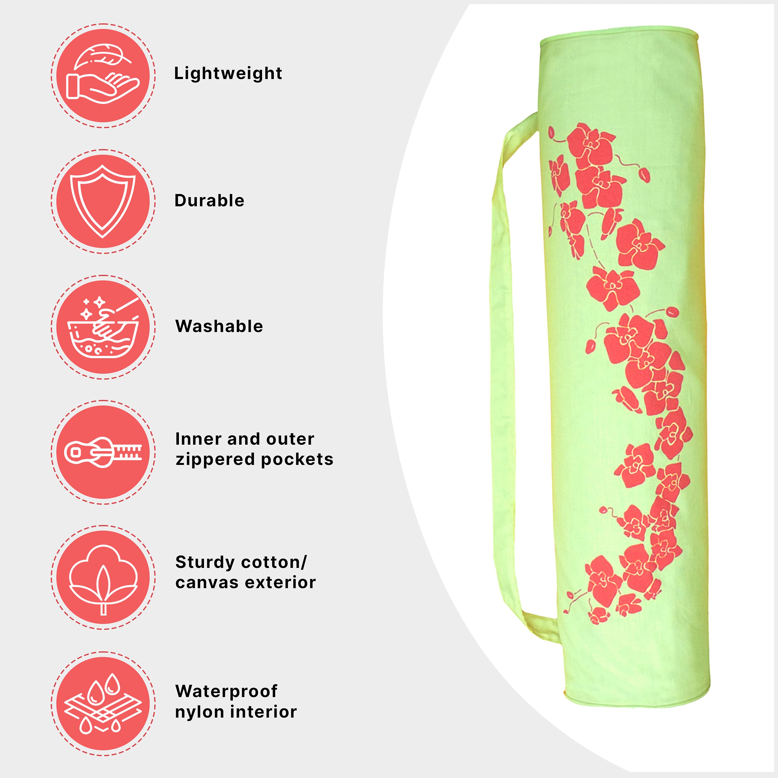 Wai Lana Yoga Orchid Tote Bag - Durable Canvas Gym Bag with Yoga Mat Storage, Apple Green & Coral Red - Perfect for Yoga Class, Gym Workouts & Everyday Use