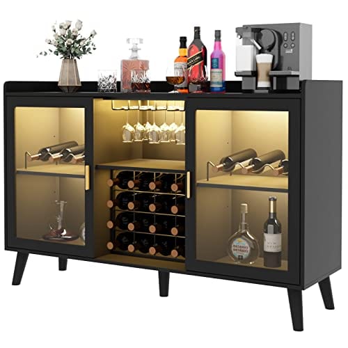 Auromie Wine Bar Cabinet with LED Lights - Freestanding Kitchen Buffet Sideboard with Wine Rack & Glass Storage - Modern Home Coffee Bar Cabinet for Living Room, Dining Room - Black (Perfect for Entertaining & Home Decor)