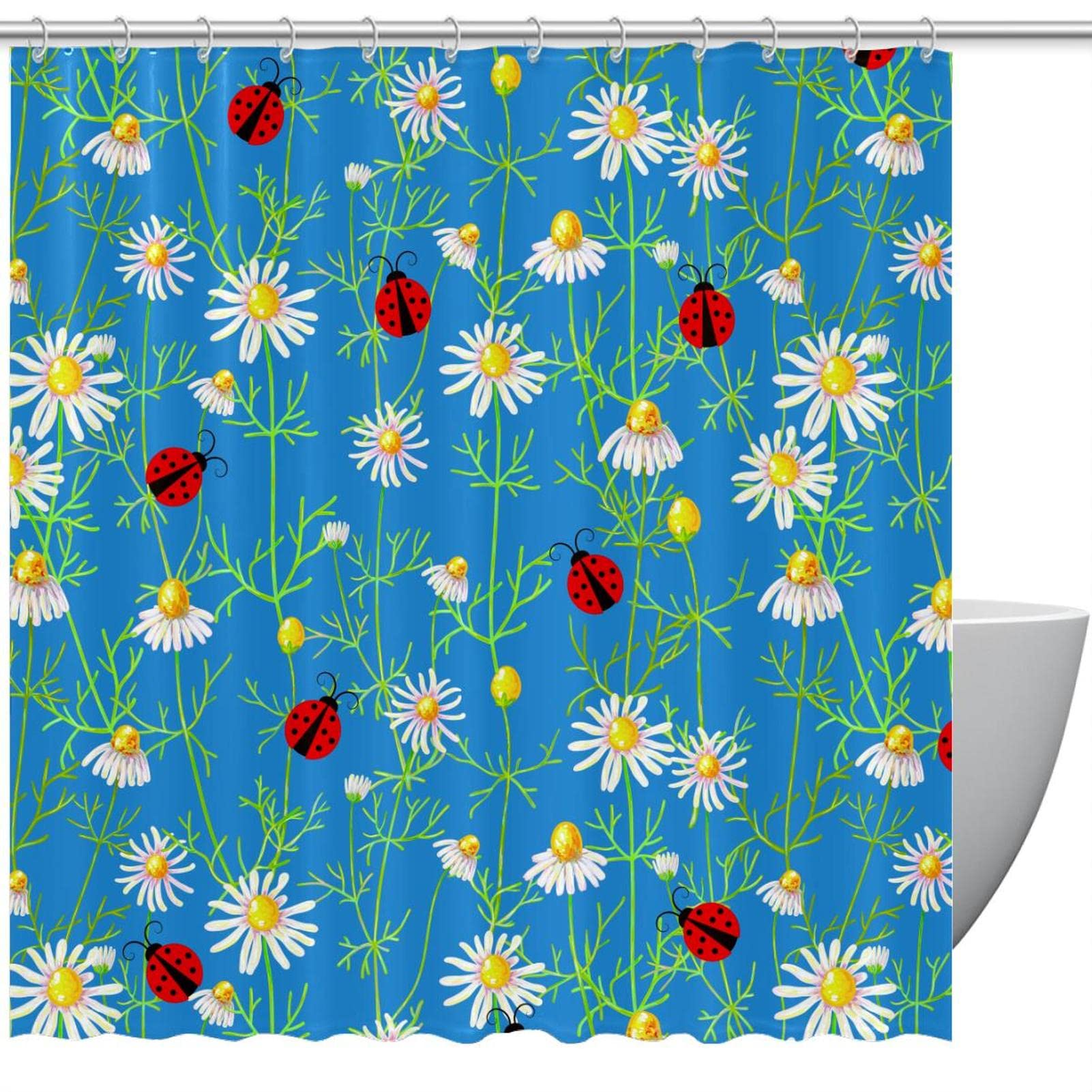 Farmhouse Shower Curtain with Ladybug & Daisy Floral Pattern - Blue Fabric Bathroom Curtain for Spring Decor - Perfect for Rustic, Vintage or Cottage Style Bathrooms