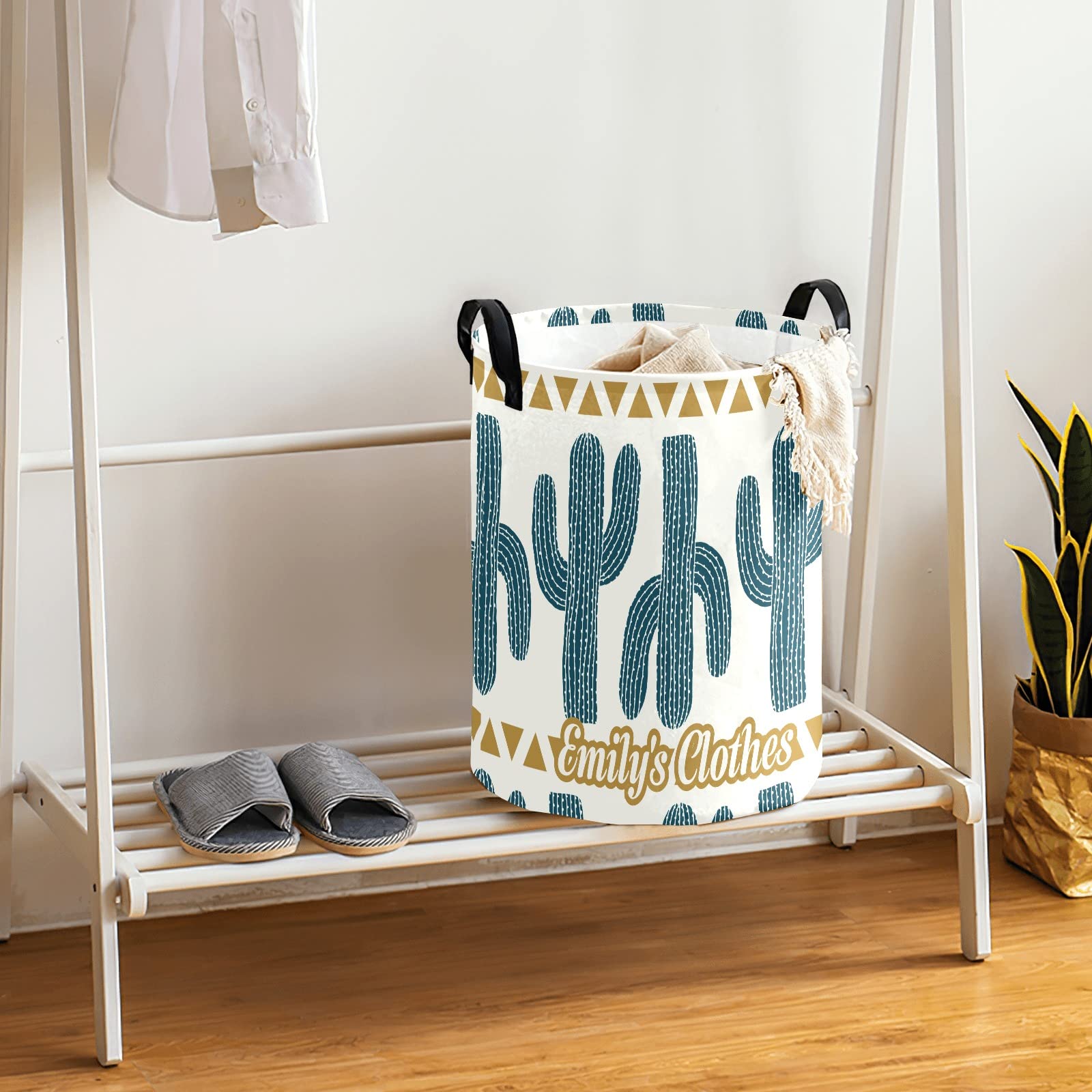 Custom Cactus Stripes Laundry Hamper - Waterproof Collapsible Drawstring Storage Basket with Handle (50cm x 36cm) for Clothes, Toys, and Home Organization | Perfect for Bedroom, Nursery, and Laundry Room