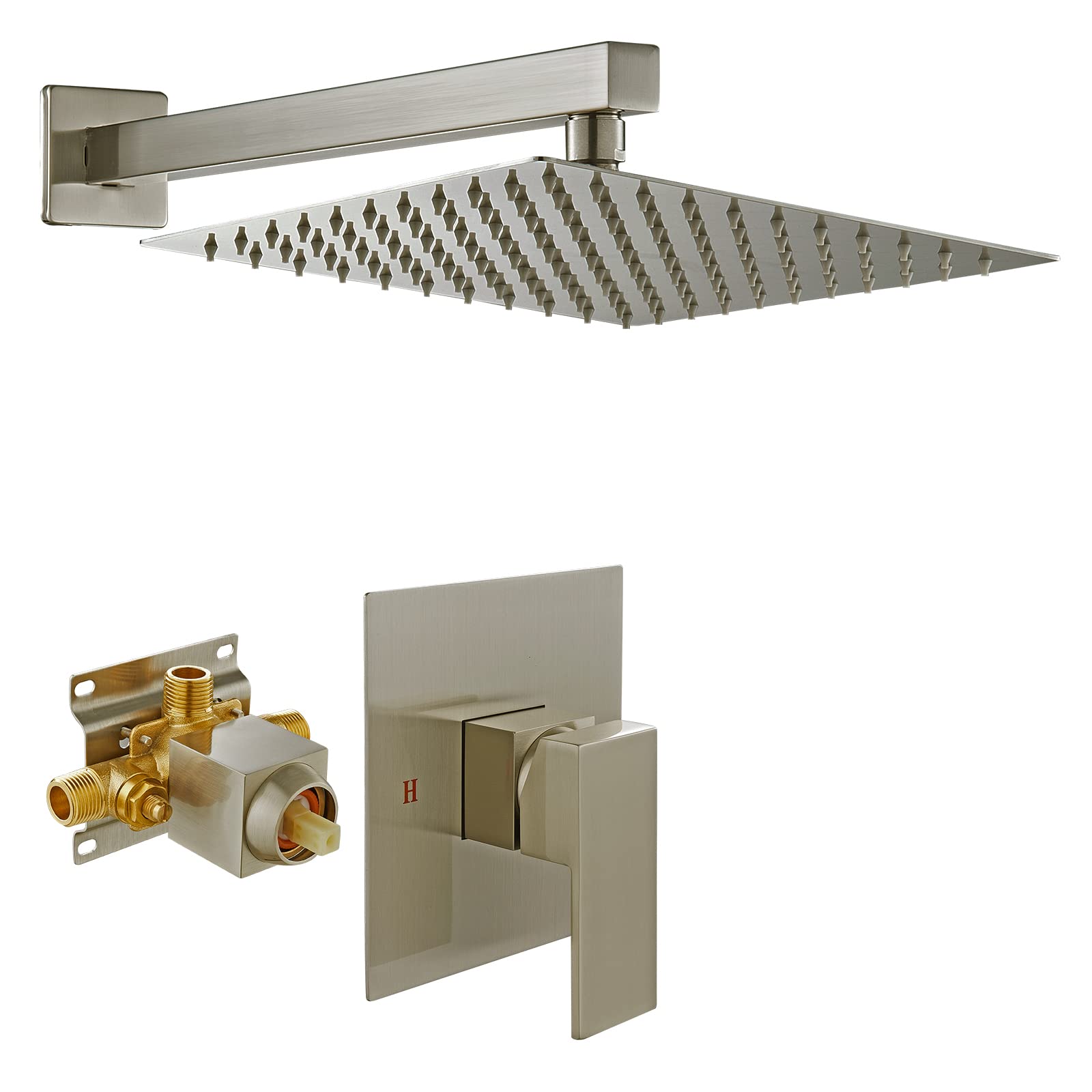 OUGOO 10 Inch Square Rain Shower Faucet Set - Brushed Nickel Finish, Brass Shower Valve Body - Complete Bathroom Shower System for Modern Luxury Home & Spa Experience