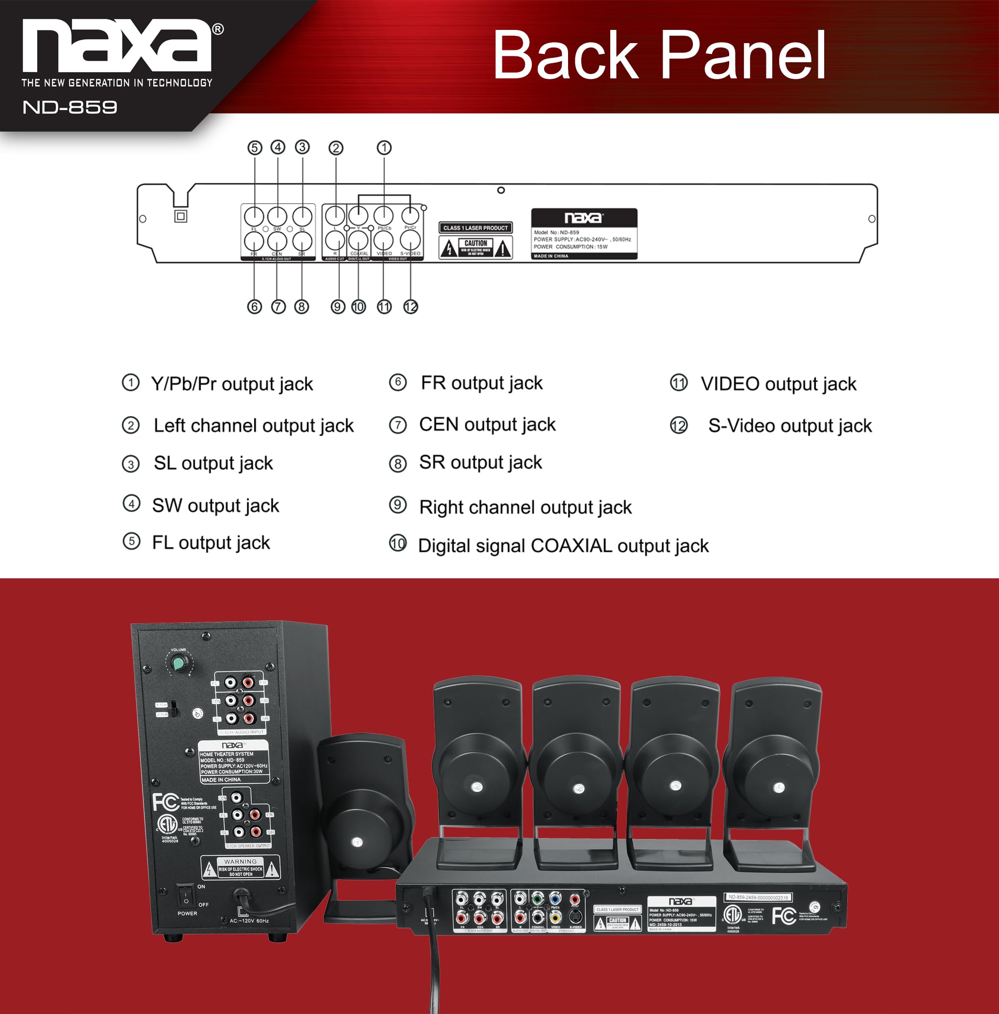 NAXA Electronics ND-859 5.1-Channel Home Theater DVD Player with Digital Media Playback & Karaoke System - Black | Perfect for Movie Nights & Home Entertainment
