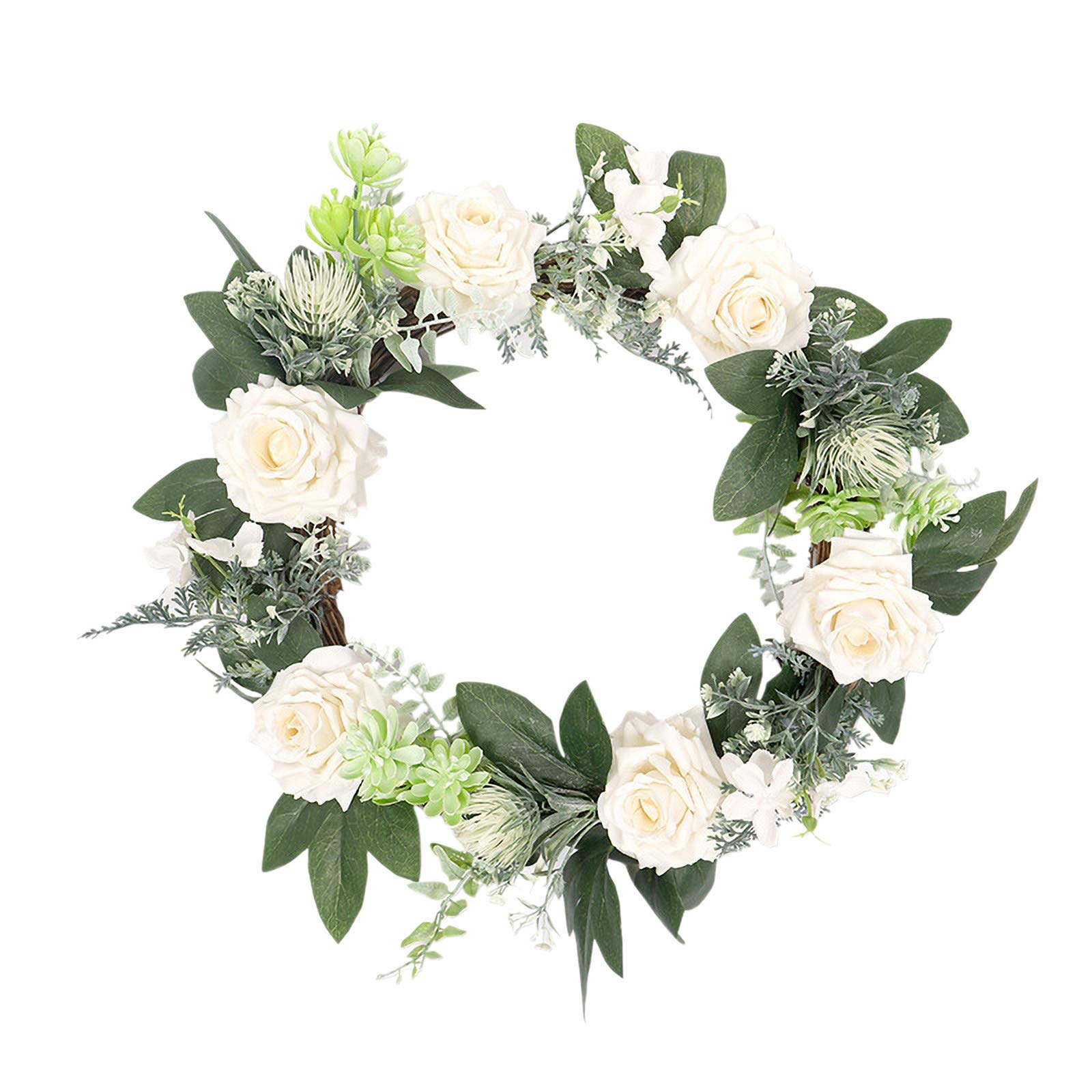 White Carnations Wreath - Valentine's Day Artificial Flower Arrangement with Roses and Buds, Decorative Vine Circle for Home, Wedding, Party Decor