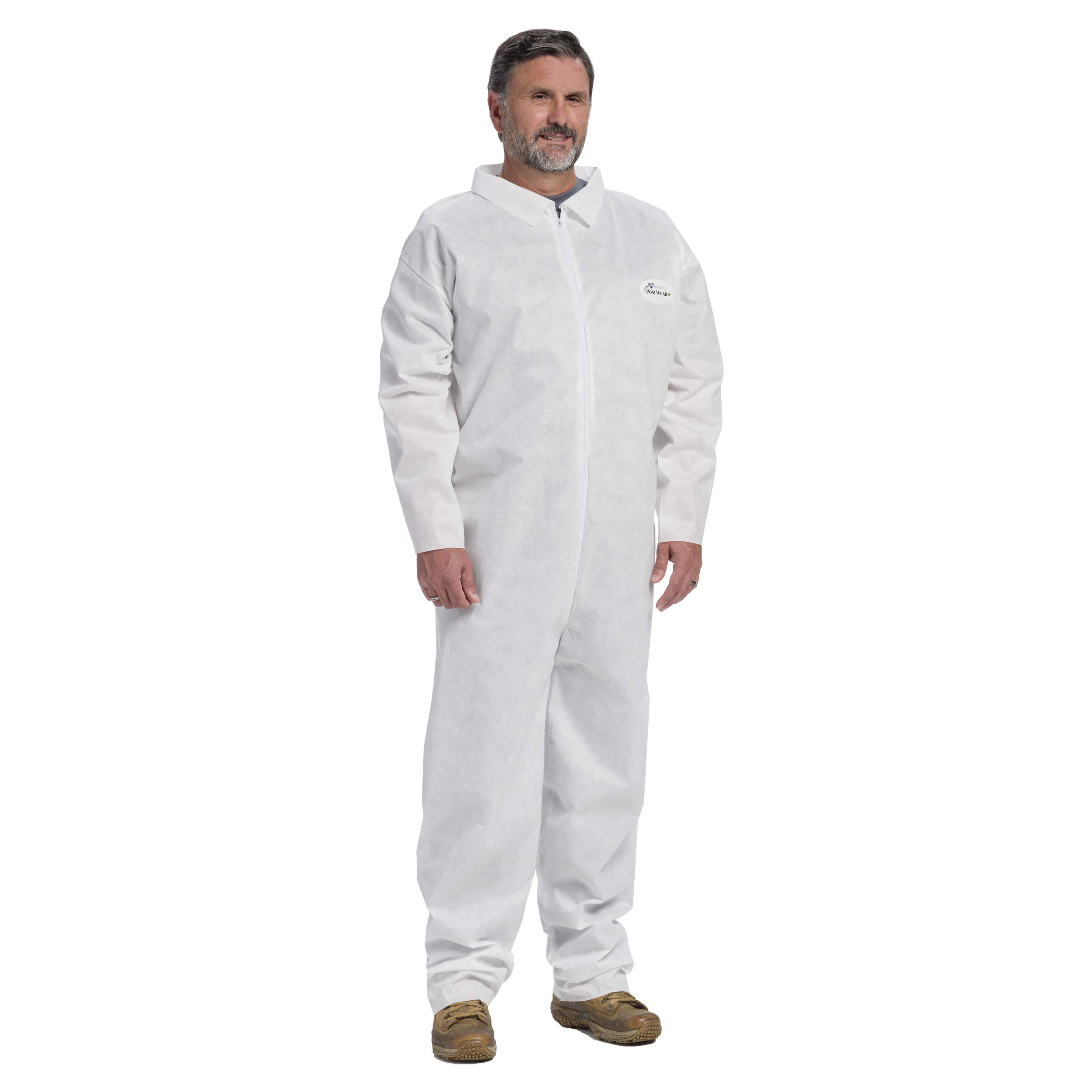 West Chester C3800 PosiM3 Coverall - Pack of 25 White Large Safety Work Overalls with Front Zipper & Collar for Construction, Painting, Industrial Work & Hazardous Environments
