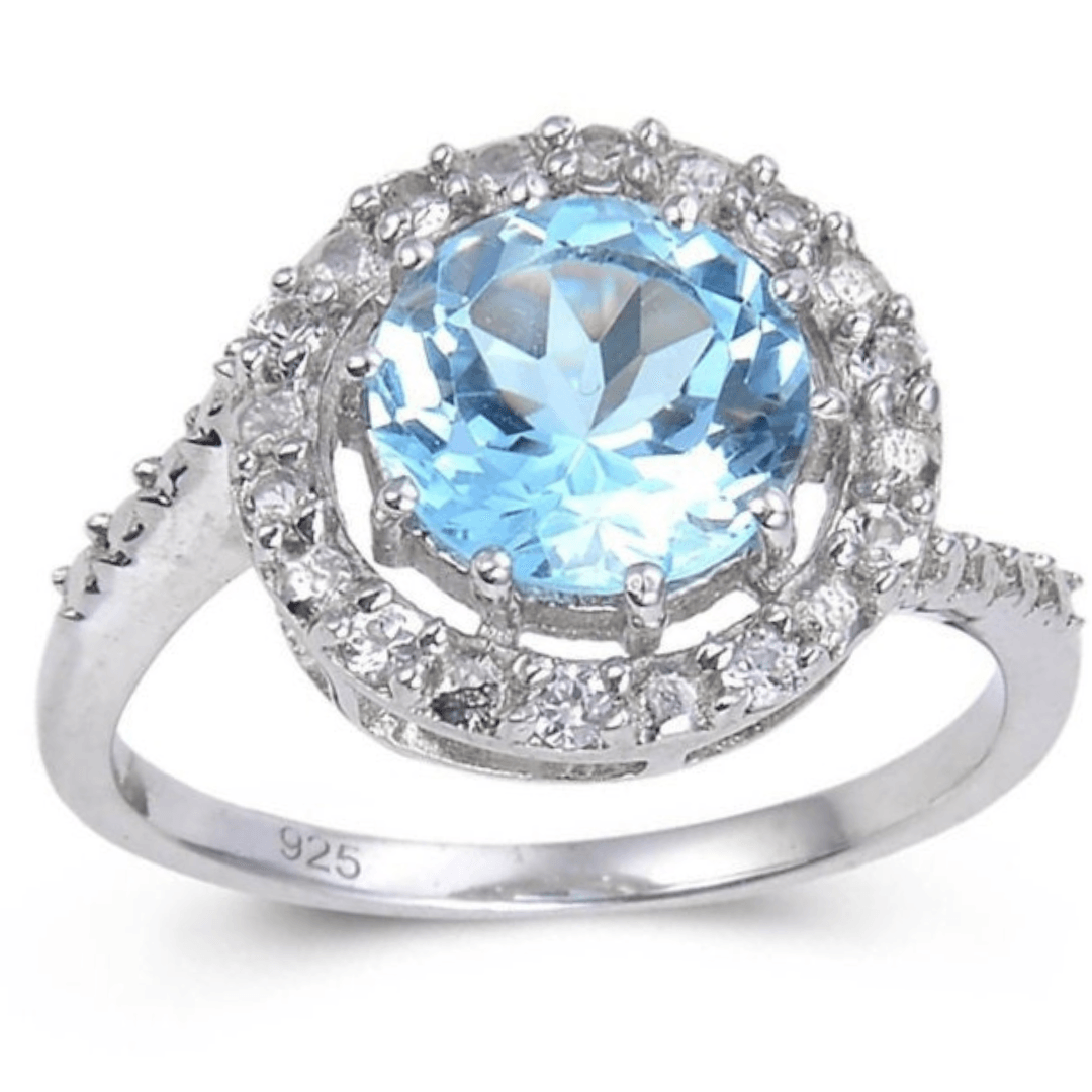 Blue Topaz Halo Fashion Ring for Women - Sterling Silver Birthstone Jewelry - Elegant Gift for Anniversary, Birthday & Special Occasions