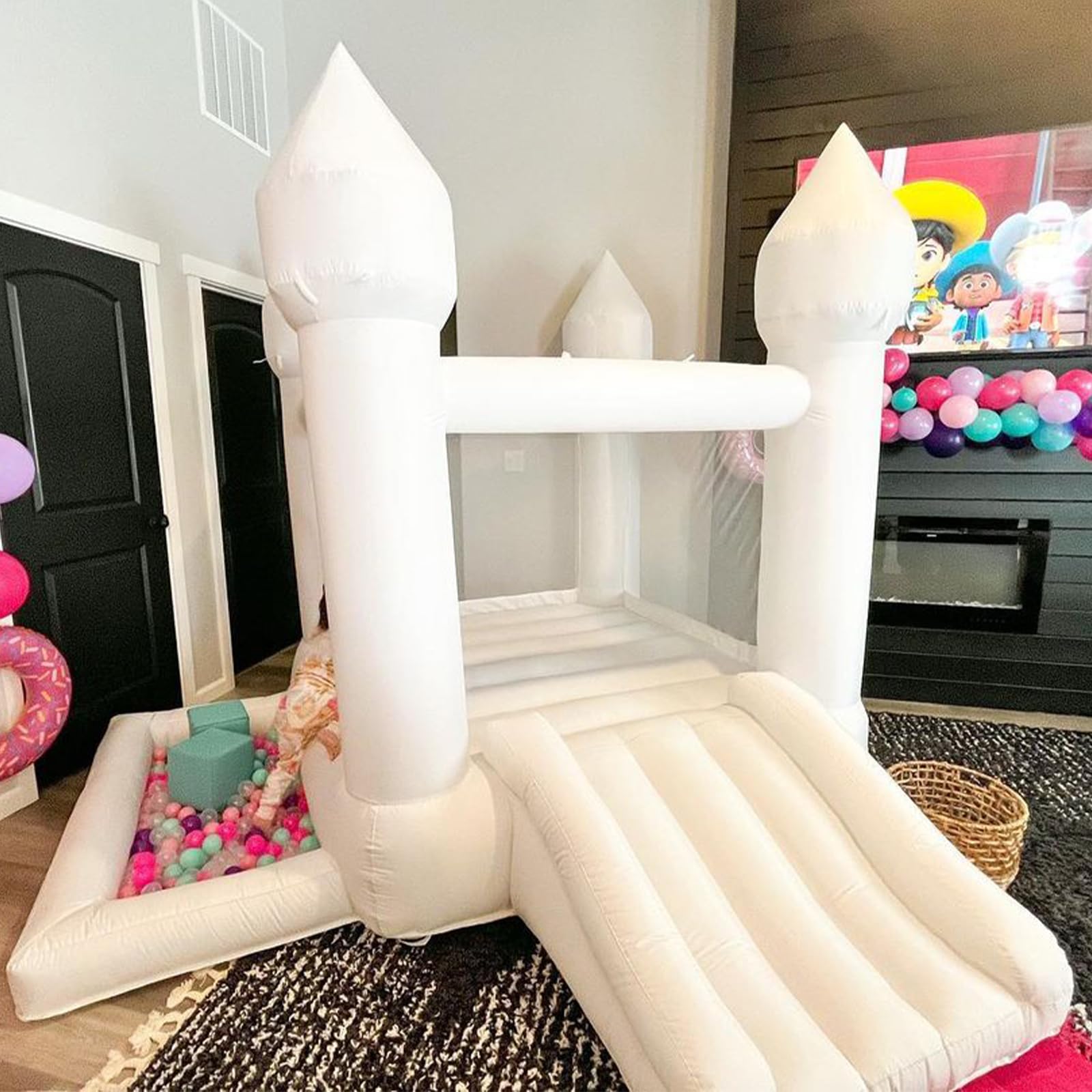 **White Bounce House with Slide & Ball Pit - 108 x 108 x 84 Inch Inflatable Castle for Kids Birthday Party, Outdoor Play, Backyard Fun - Includes Blower (Oxford White)**    *(Perfect for birthday parties, outdoor playdates, backyard entertainment, and family gatherings!)*