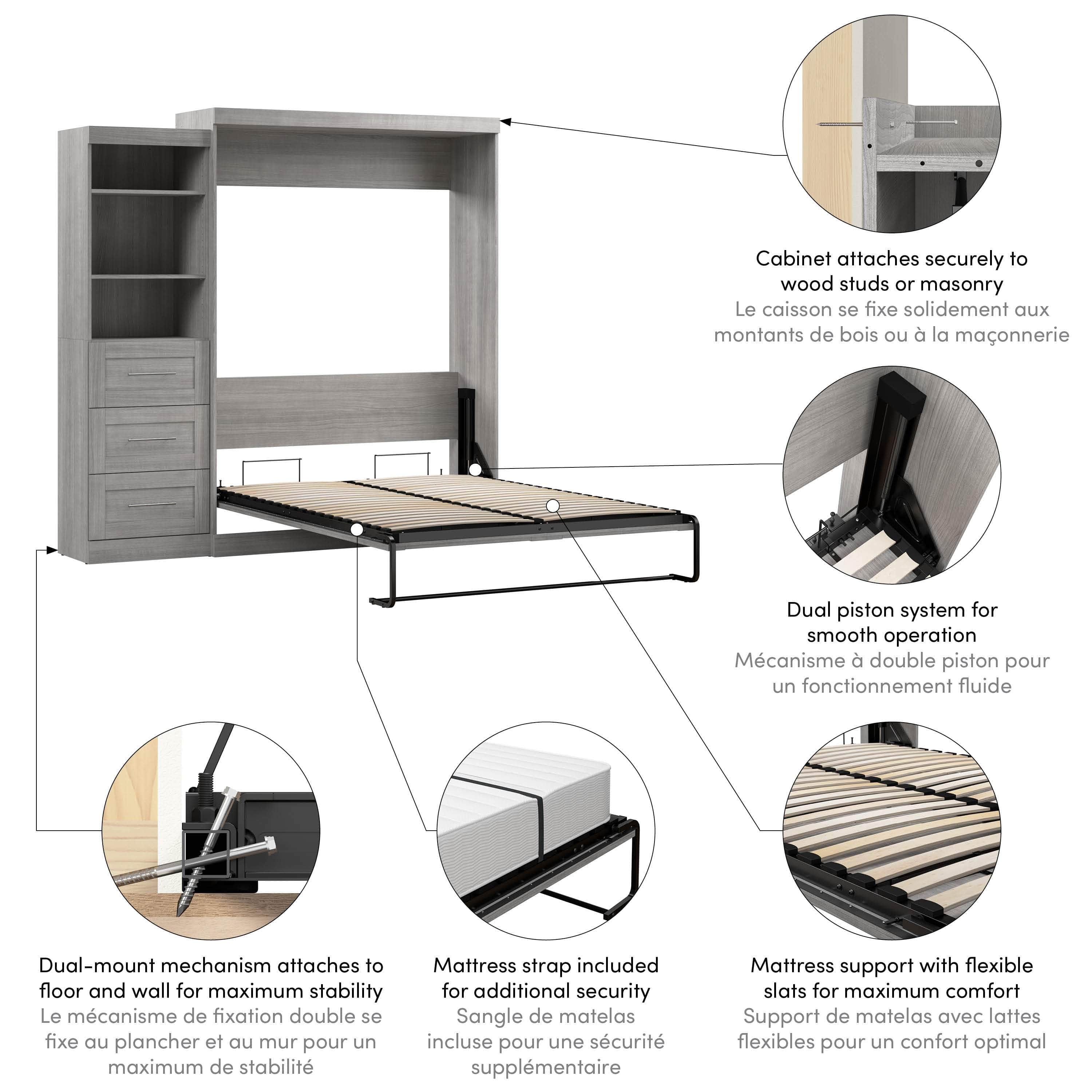 Queen Murphy Wall Bed with Storage Drawers - Space-Saving Foldable Bed for Small Rooms, Apartments & Guest Rooms (90