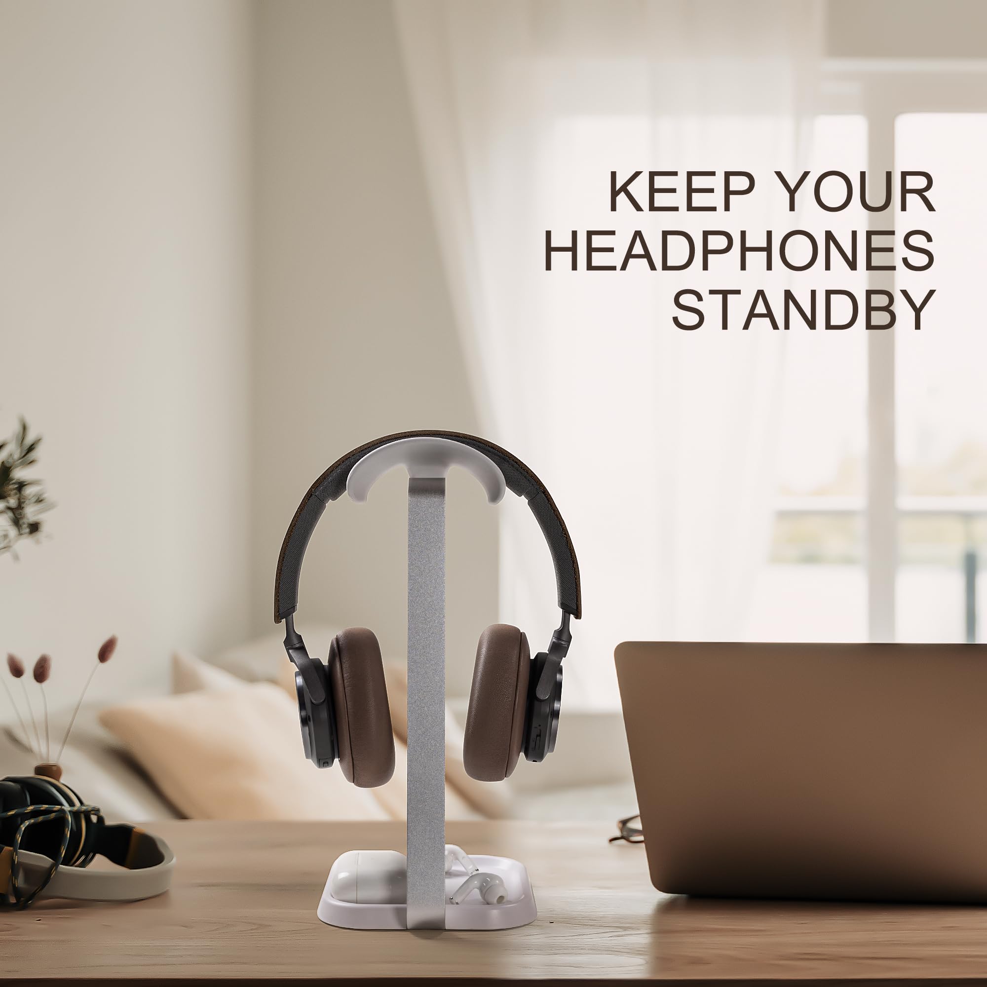 Premium Curved Headphone Stand with Storage Tray - Universal Gaming Headset Holder for AirPods Max/Pro, Beats, Bose, Sony & More - Space-Saving Desk Organizer for Home Office & Gaming Setup (White)