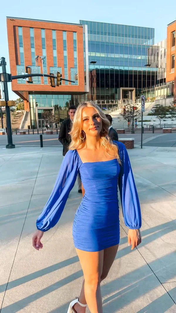 Elegant Blue Sheath Long Sleeve Mini Homecoming Dress J4016 - Perfect for Prom, Formal Events & Evening Parties