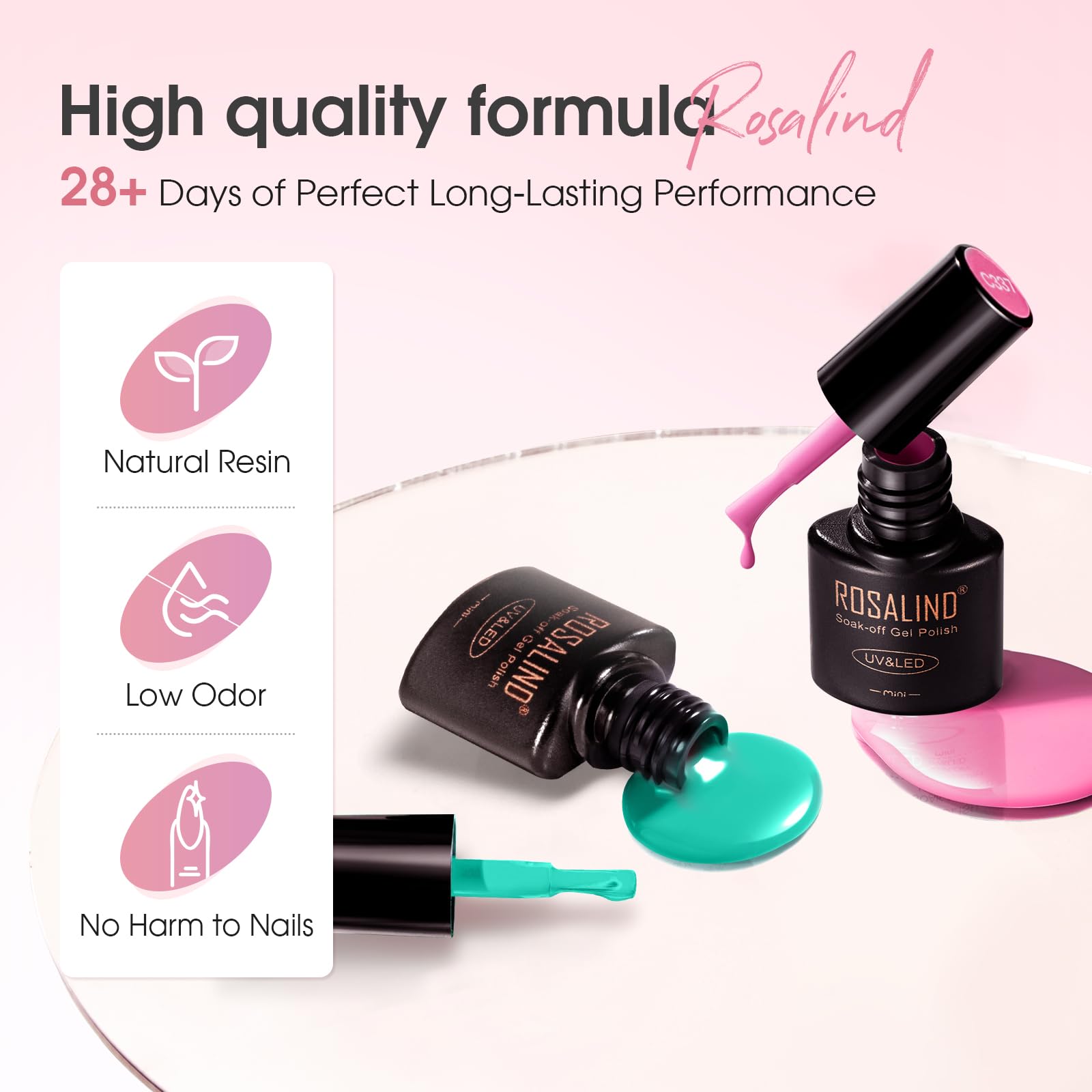 ROSALIND Semi-Permanent Gel Nail Polish Set - 26+4 PCS Violet Blue Green Nail Polish with Base & Top Coat, Matte & Glitter Top Coat, Mini UV/LED Semi-Permanent Black White Red Gray Nail Polish for Manicure - Perfect for Home Nail Art, Salon Professionals & DIY Beauty Enthusiasts