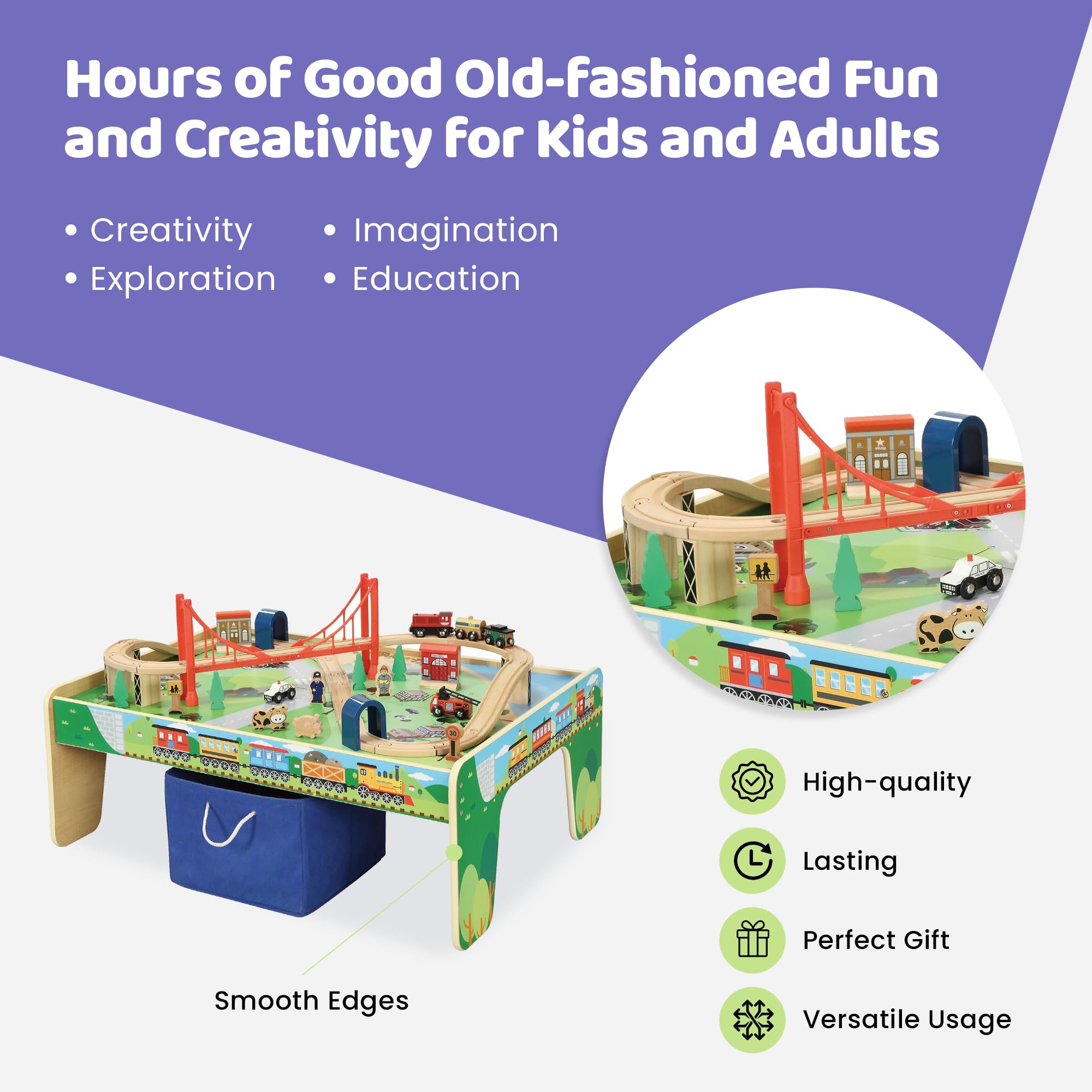 50-Piece Wooden Train Set with Activity Table & Storage Bin - 100% Hardwood Tracks, Engine, Oil Tanker, Caboose, Fire Truck, Train Station, Policeman & Farm Animals | Compatible with All Major Brands | Perfect for Kids' Playroom, Preschool Learning & Creative Imaginative Play