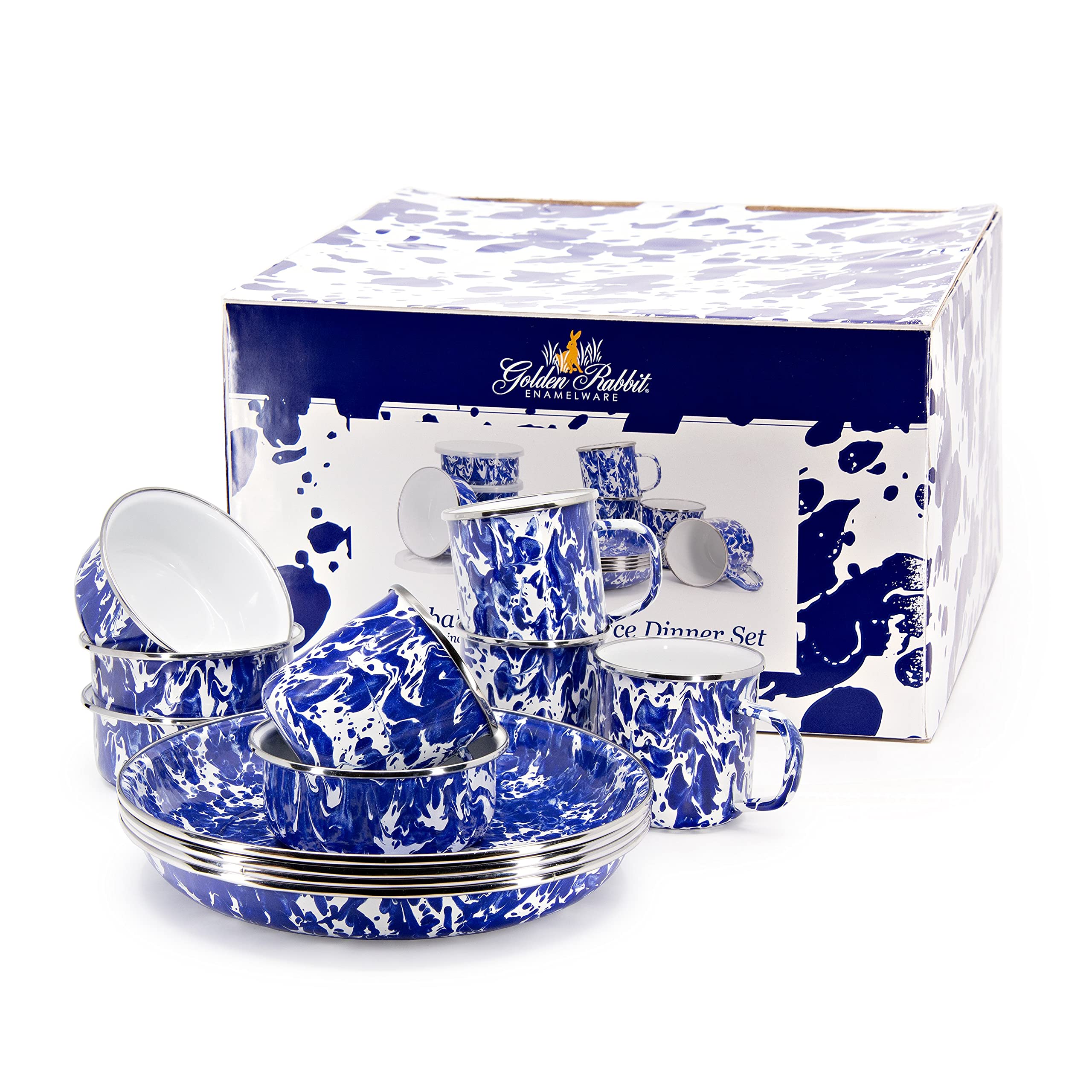 Golden Rabbit Enamelware Dinner Set - 12-Piece Cobalt Swirl Porcelain Plates, Bowls & Mugs for Rustic Farmhouse Dining, Outdoor Picnics & Gift Giving