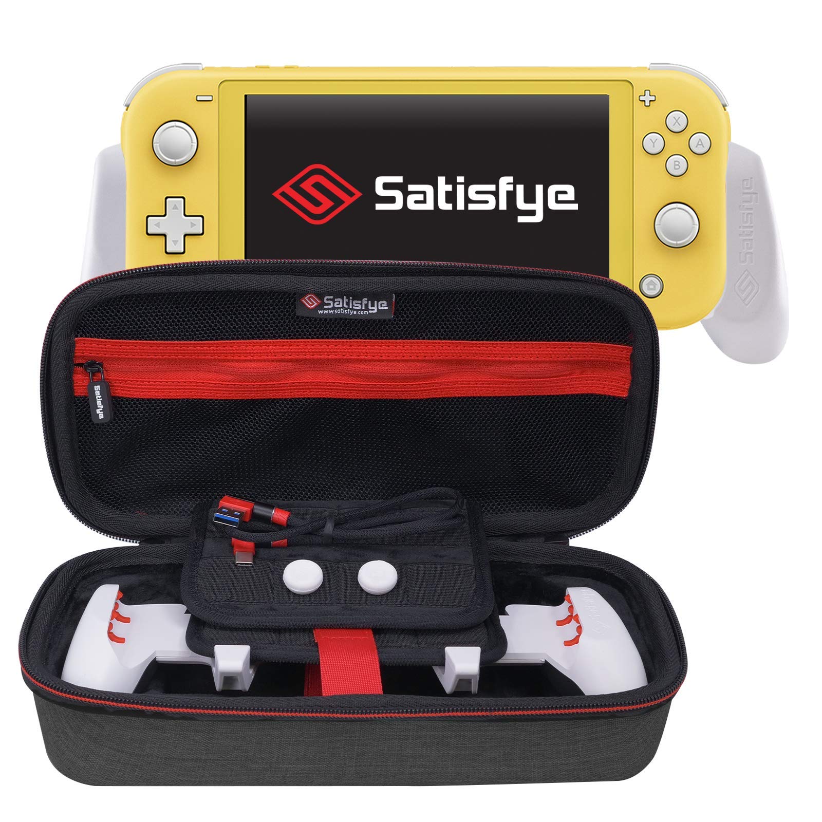 Satisfye ZenGrip Go Elite Bundle for Nintendo Switch Lite - Premium Grip, Protective Case & Low Profile USB Cable - Bonus 2 Gray Thumbsticks - Perfect for Portable Gaming & Travel Accessories