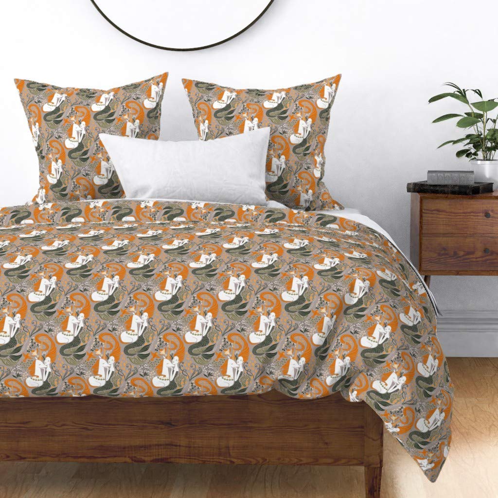 Custom Mermaid Unicorn Mythical Damask Duvet Cover - King/California King Size, 100% Cotton Sateen Bedding for Whimsical Ocean-Themed Nursery & Coastal Decor