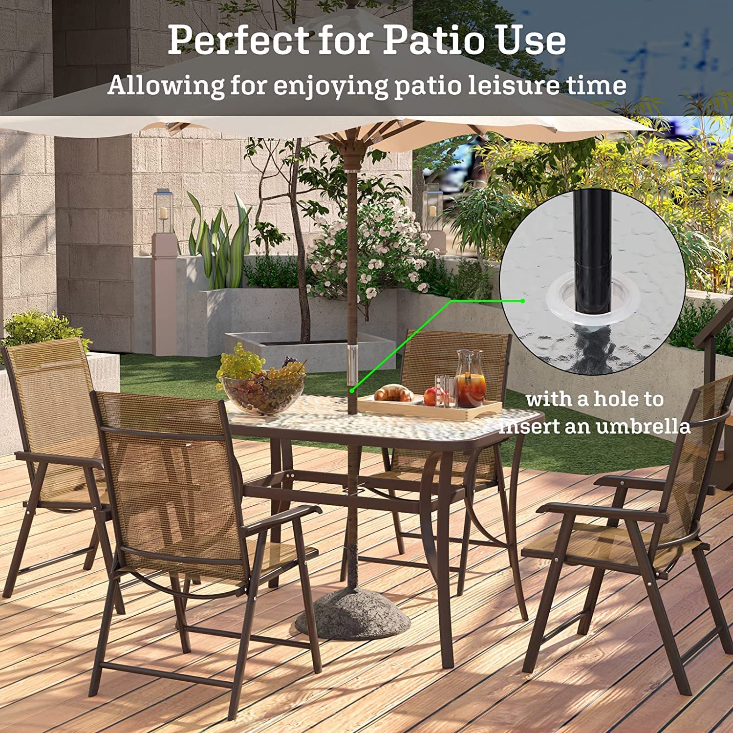 SogesPower 47 Inch Outdoor Tempered Glass Patio Dining Table with Umbrella Hole - Weather-Resistant Steel Frame in Elegant Brown - Perfect for Backyard, Garden, Poolside & Outdoor Entertaining