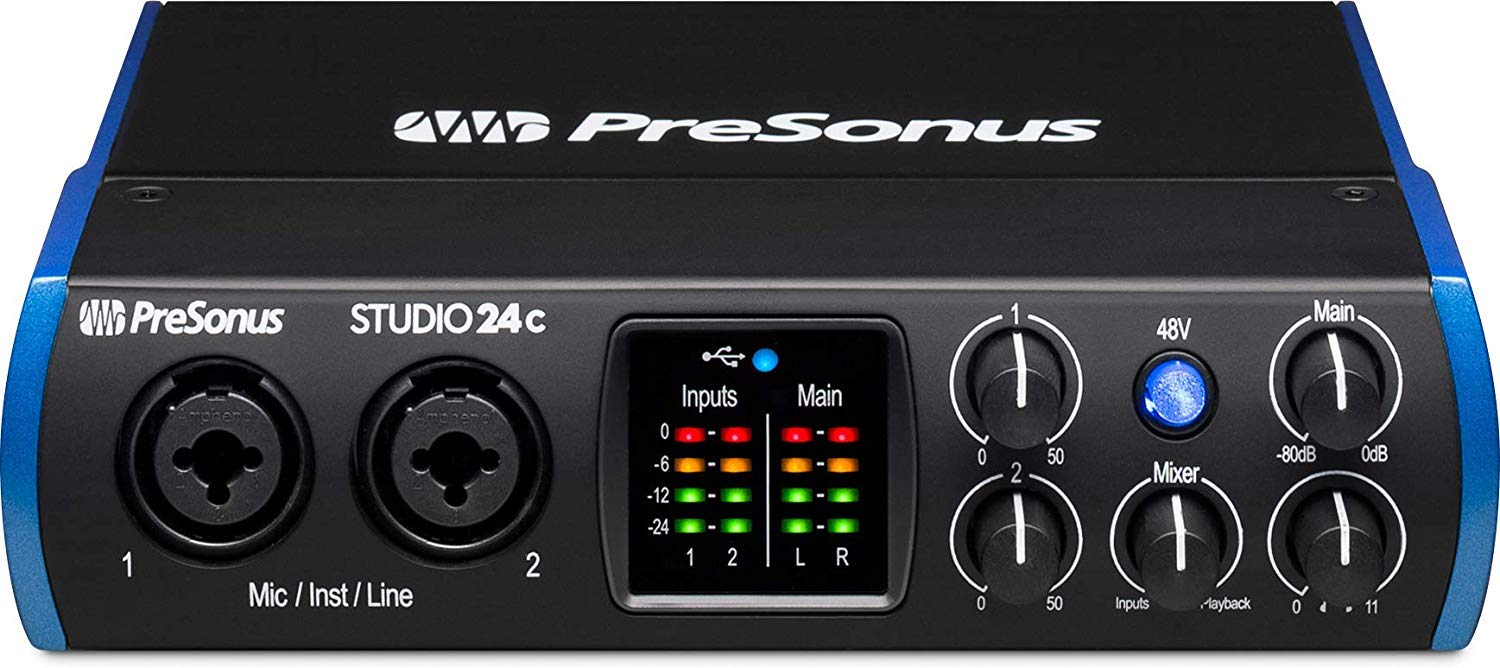 PreSonus Studio 24c USB-C Audio Interface with 2 XMAX-L Preamps, Headphone Output & MIDI I/O - Includes EMB XLR Cables & Gravity Mobile Bracket for Home Recording, Podcasting & Music Production