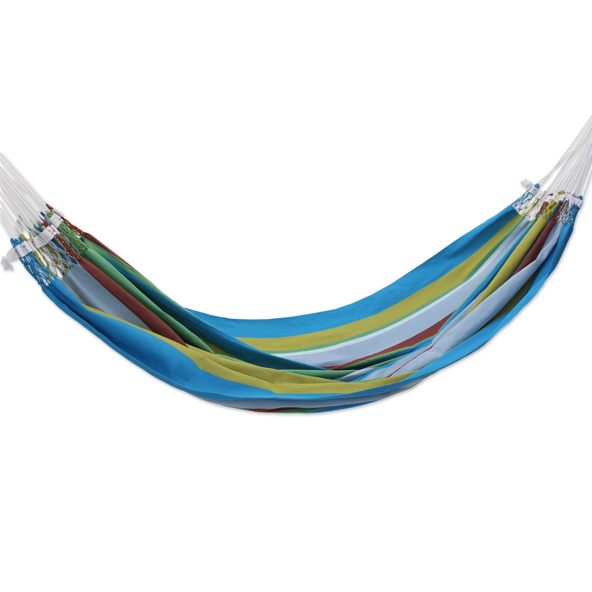 Brazilian Double Hammock 'Tropical Day' - 2 Person Cotton Hammock with Vibrant Blue, Red & Yellow Stripes | Perfect for Backyard, Beach & Camping Relaxation