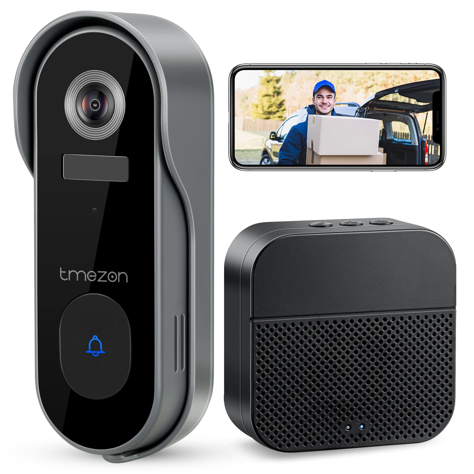 TMEZON Wireless Smart Video Doorbell Camera with Chime - 2K HD, Night Vision, PIR Motion Detection, Battery Powered, 2.4GHz WiFi - Ideal for Home Security & Front Door Monitoring
