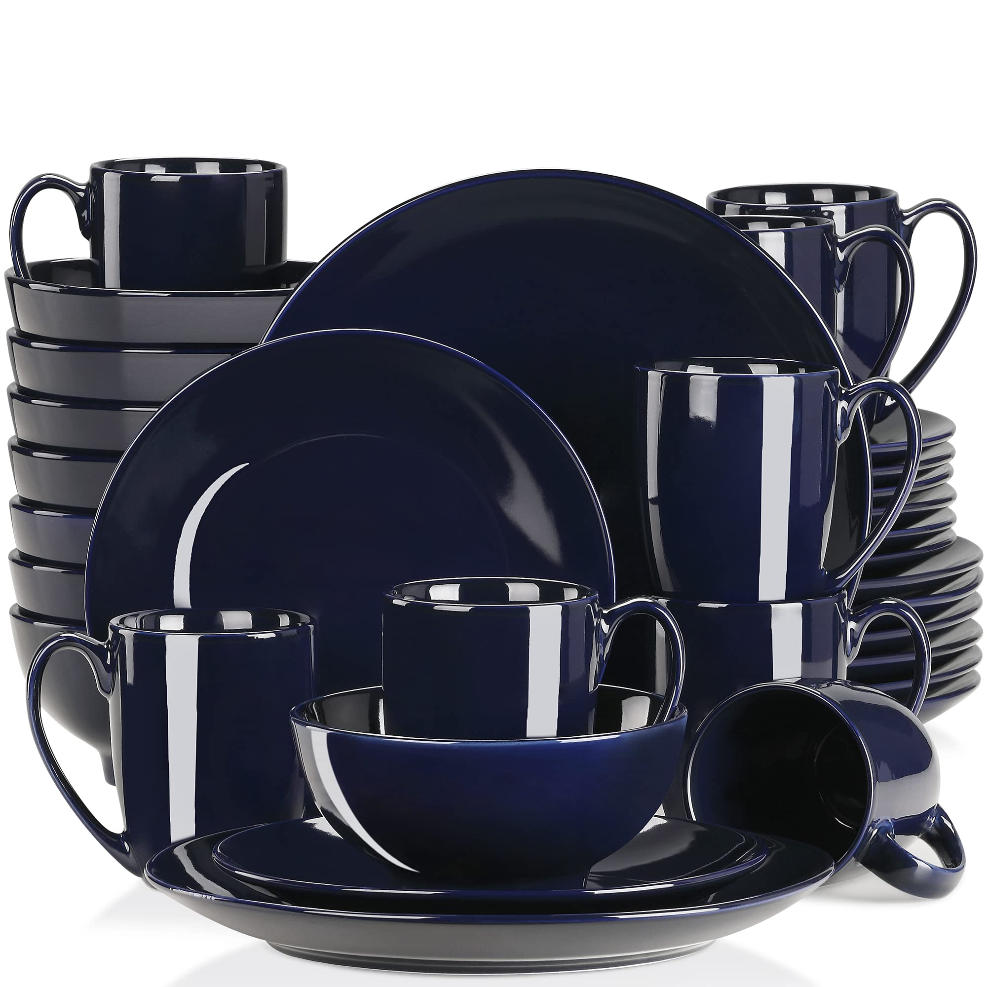 LOVECASA 32-Piece Porcelain Dinnerware Set for 8 - Round Ceramic Plates, Bowls & Mugs - Microwave & Dishwasher Safe Dark Blue Tableware - Perfect for Family Dinners, Parties & Restaurant Use