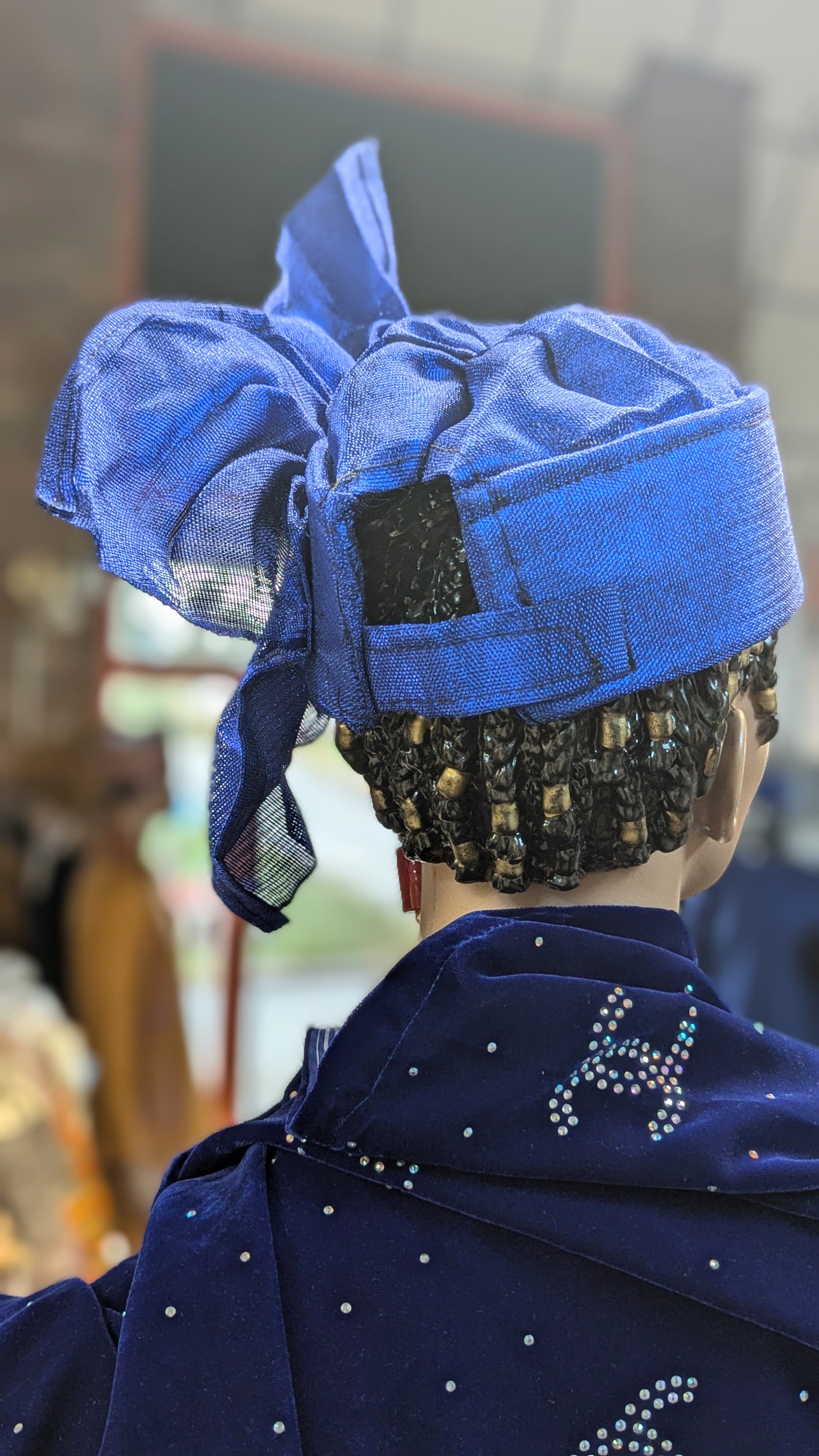 Royal Blue Aso Oke Gele Head Wrap with Large Bow - Elegant African Headpiece for Weddings, Parties & Special Occasions | Dupisie's Exquisite Emotan Collection