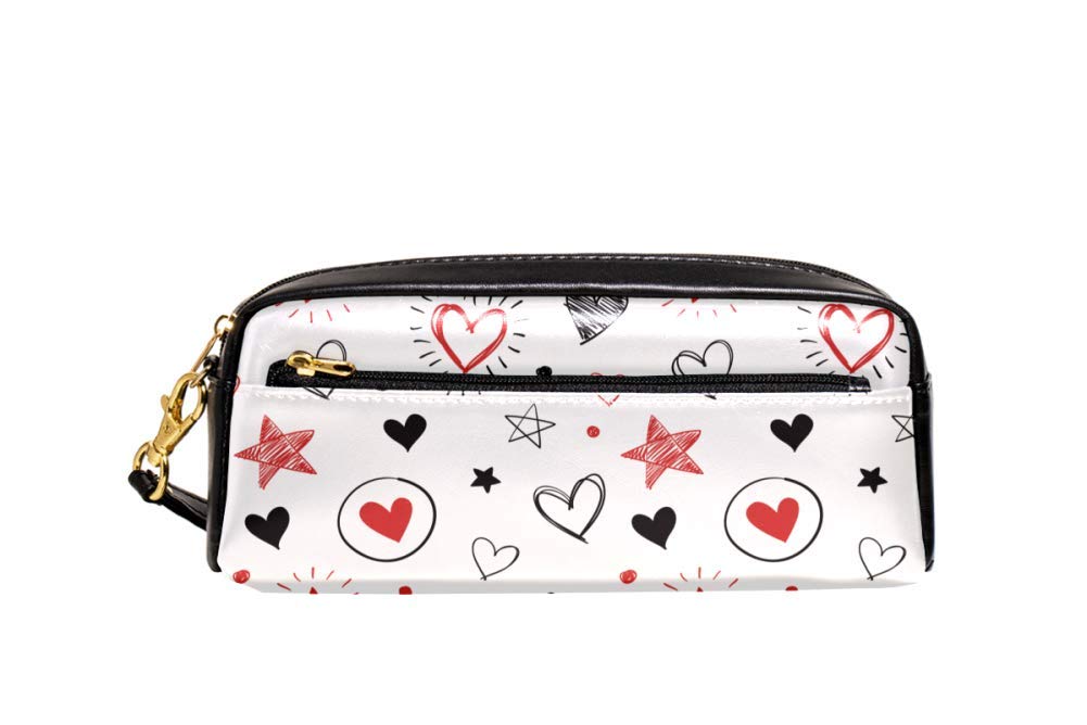 Black Red Hearts and Stars Pencil Case - Large Capacity PU Leather Zipper Pen Bag, Makeup Pouch & Wallet Organizer for School, Office, Travel Stationery Supplies | Perfect for Students, Professionals & Daily Use