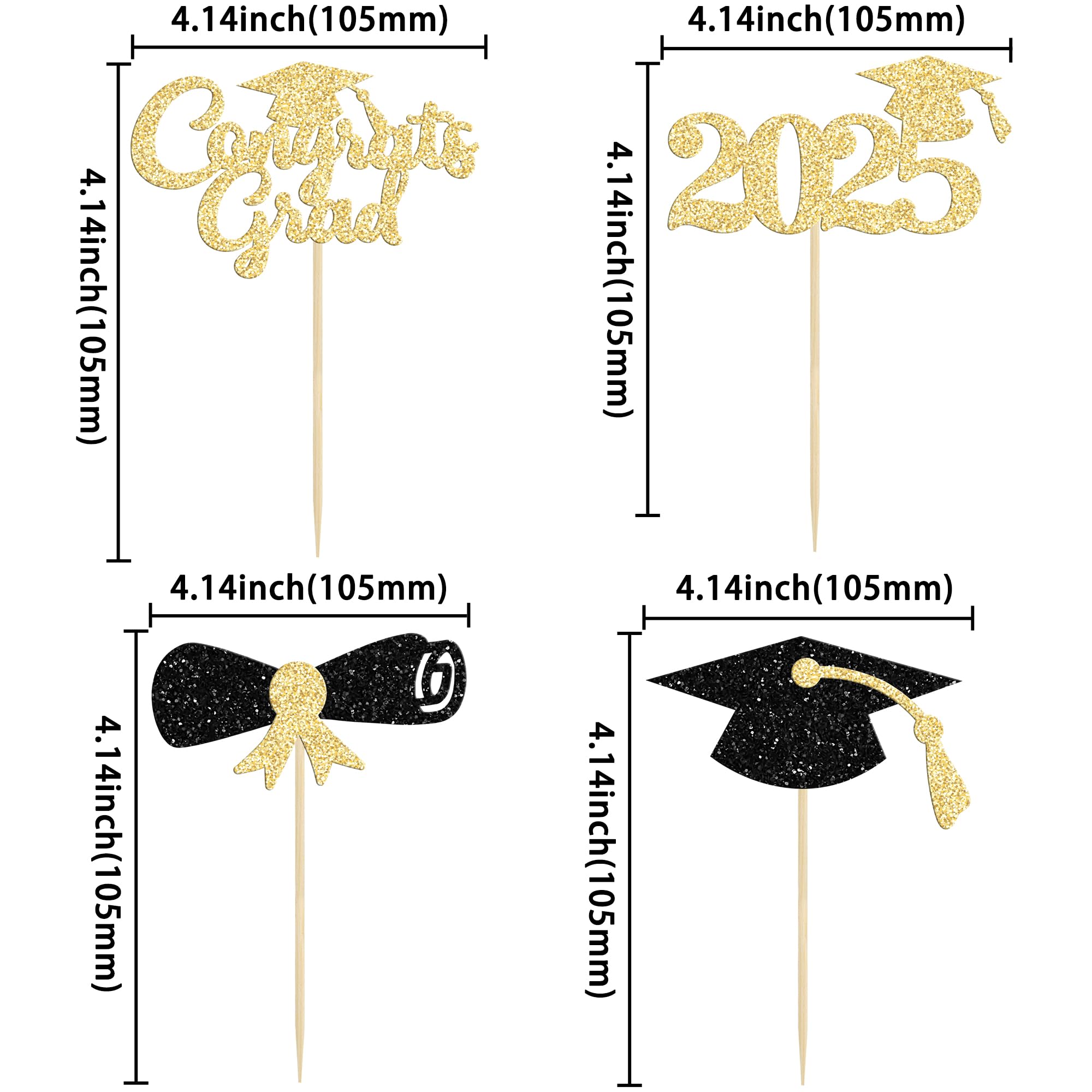 24Pcs 2025 Graduation Cupcake Toppers - Black Glitter Congrats Grad Decorations with Cap & Diploma Picks for Graduation Party, Cake Decor Supplies (Perfect for High School & College Graduation Celebrations)