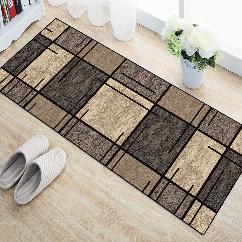 Non-Slip Washable Hallway Runner Rug 4'x6' - Geometric Pattern Brown Polyester Carpet for Kitchen, Entryway, Laundry & Living Room - Durable & Customizable Floor Mat for High Traffic Areas