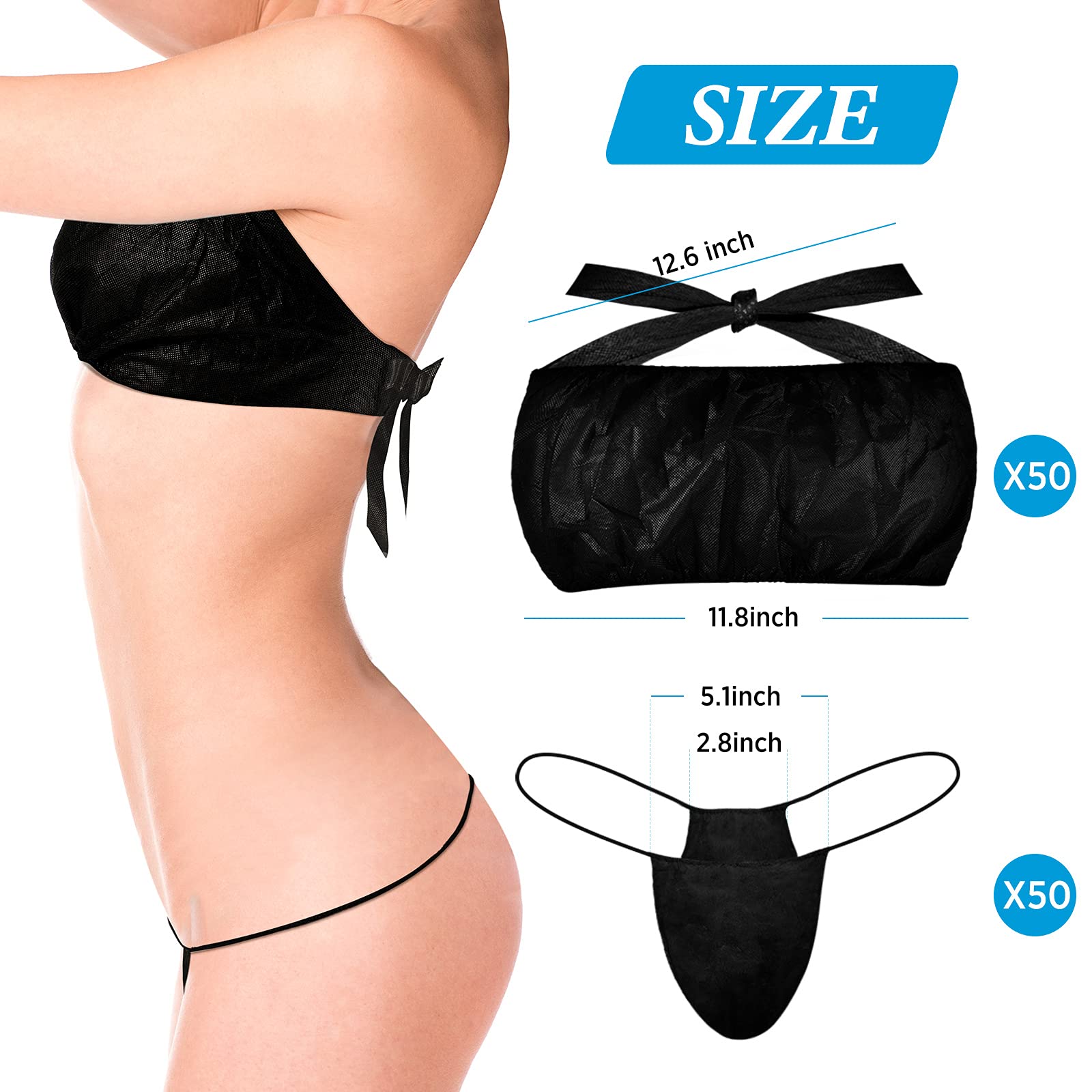 Geyoga 100 Pack Women's Disposable Underwear Set - Breathable Disposable Bras & Thong Panties for Travel, Spa, Gym & Postpartum Care (Black)