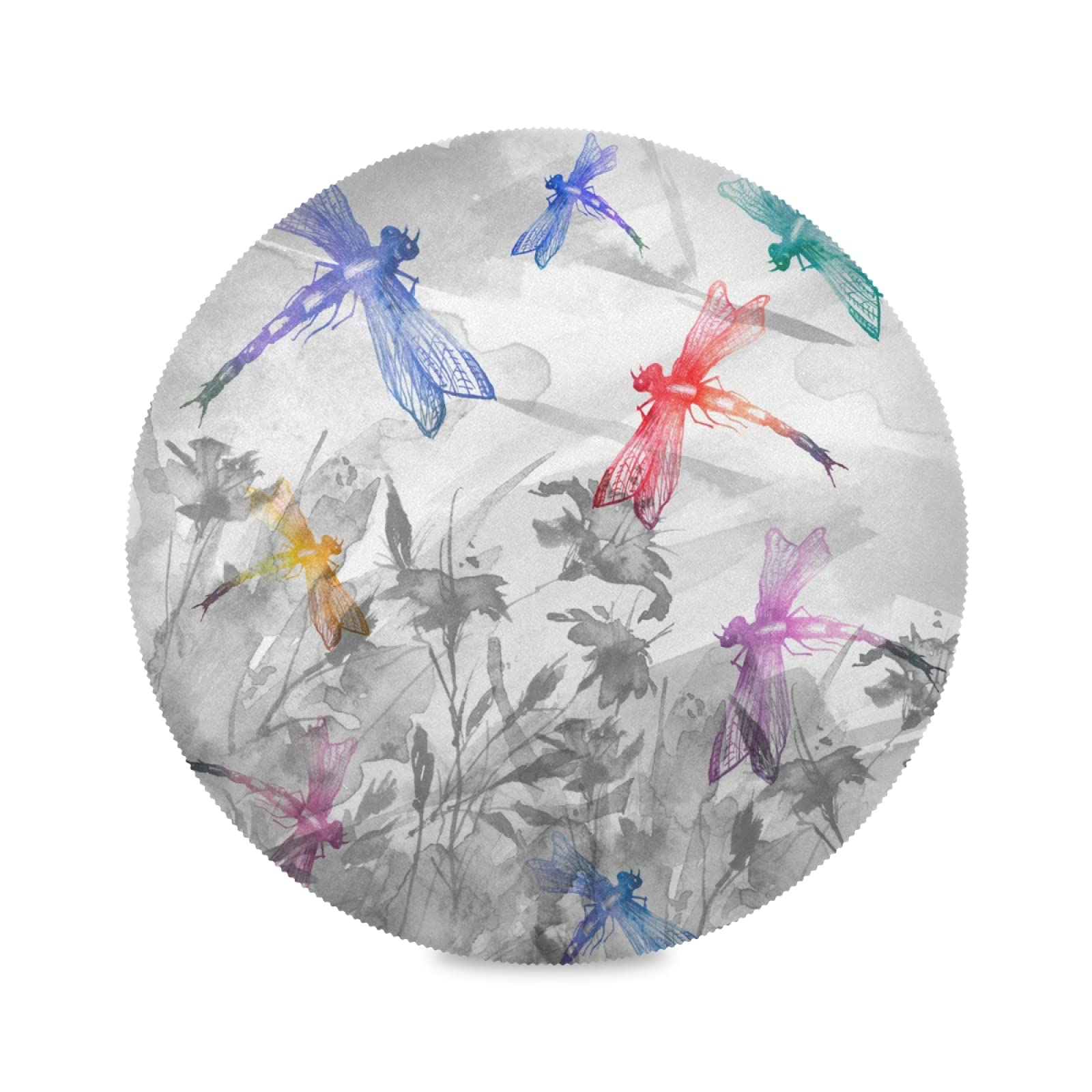 Premium Round Placemats Set of 6 - Washable Polyester Table Mats with Elegant Ink Flower & Dragonfly Design - Perfect for Dining Tables, Kitchen Decor, and Special Occasions