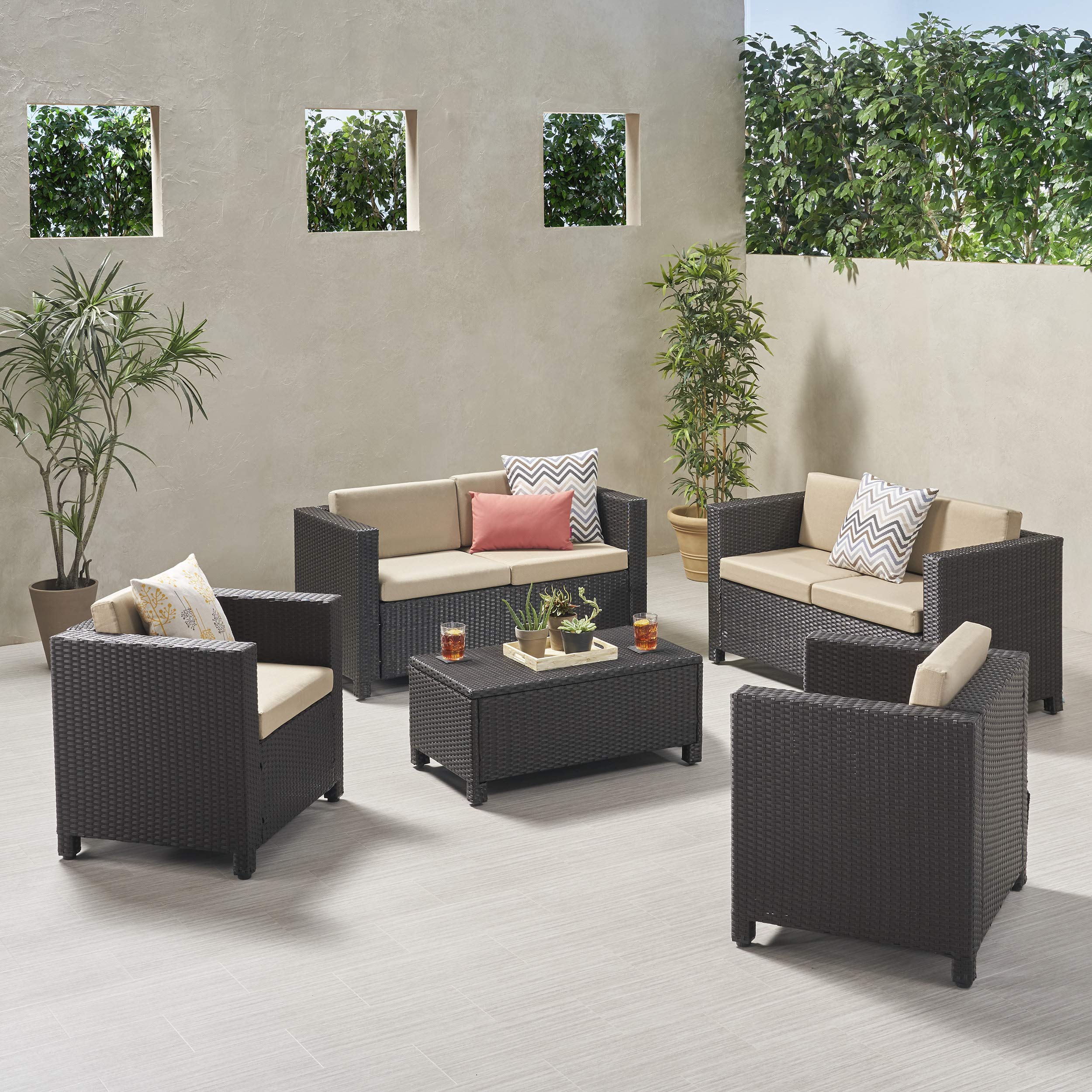 Premium 6-Piece Outdoor Patio Furniture Set with Cushions - Dark Brown & Beige Loveseat Chat Set for Garden, Backyard, Poolside or Deck (Weather-Resistant)