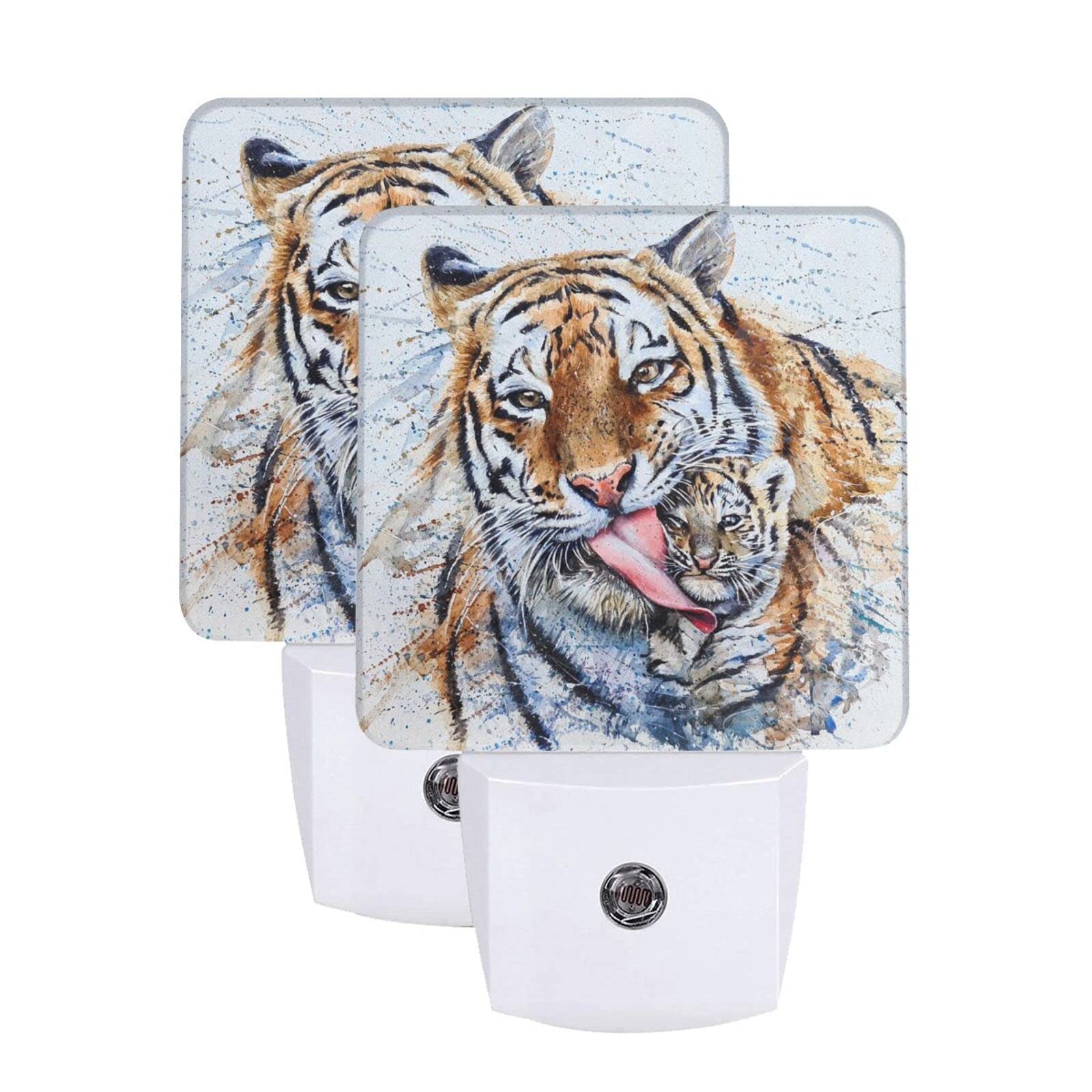 Vintage Tiger and Cub Watercolor LED Night Light - 2 Pack with Auto Dusk to Dawn Sensor, Plug-in Bedside Lamp for Kids & Adults - Perfect for Nursery, Bedroom, Hallway Night Lighting
