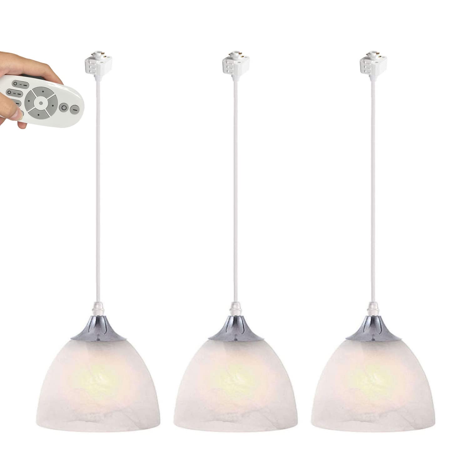Kiven Remote Control H-Type Track Pendant Light Fixture - Stepless Dimming, Frosted White Glass Shade - 3 Pack for Restaurant, Bar, Kitchen & Living Room Lighting