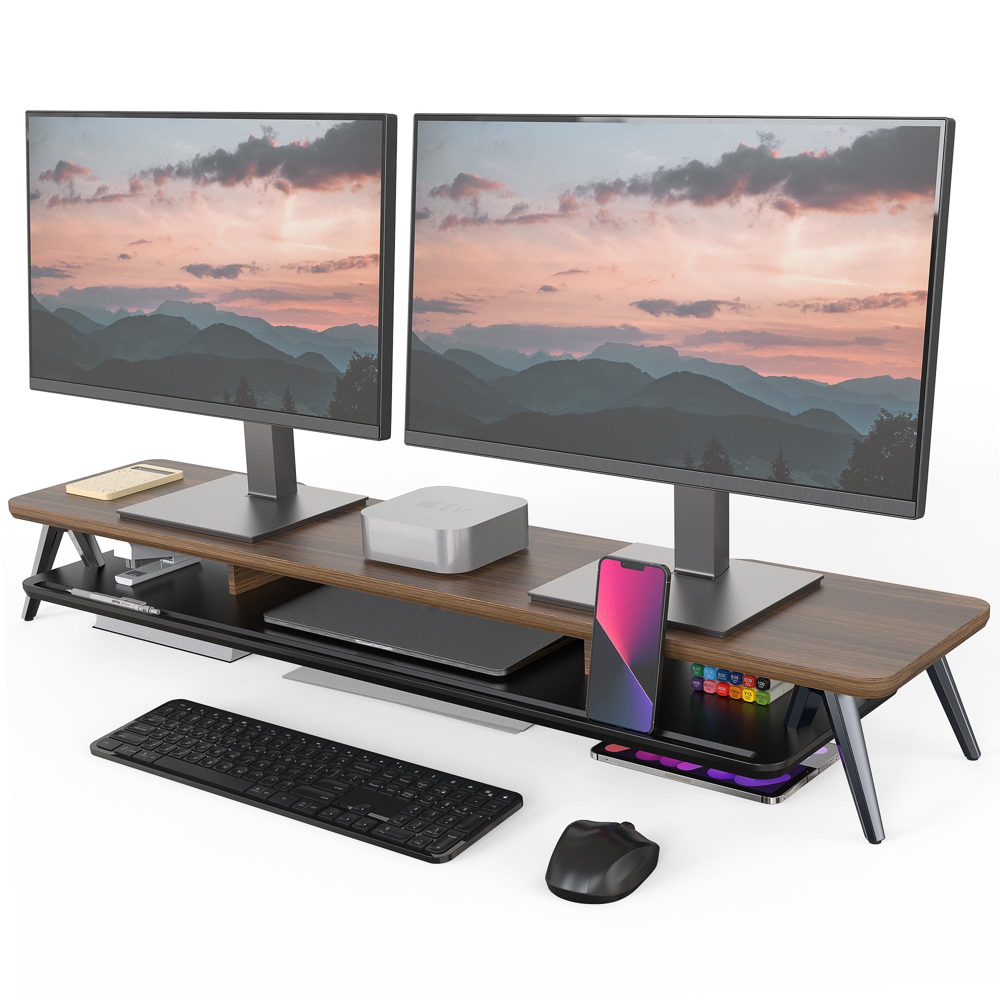 Dual Monitor Stand for 2 Screens - 42.5 Inch Wooden Desk Shelf with Storage Organizer & Cable Management - Perfect for Home Office Setup, Gaming Station, and Workspace Organization