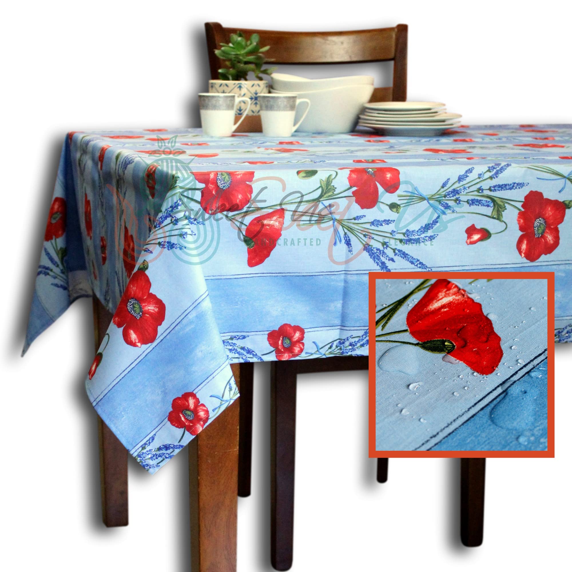 La Cigale Poppy Éclat Spill-Resistant Wipeable Tablecloth - Acrylic Coated Floral Cotton French Provencal Design for Rectangle Tables (60x98 Inches, Blue) - Perfect for Dining Rooms, Kitchens, Outdoor Patios & French Country Decor