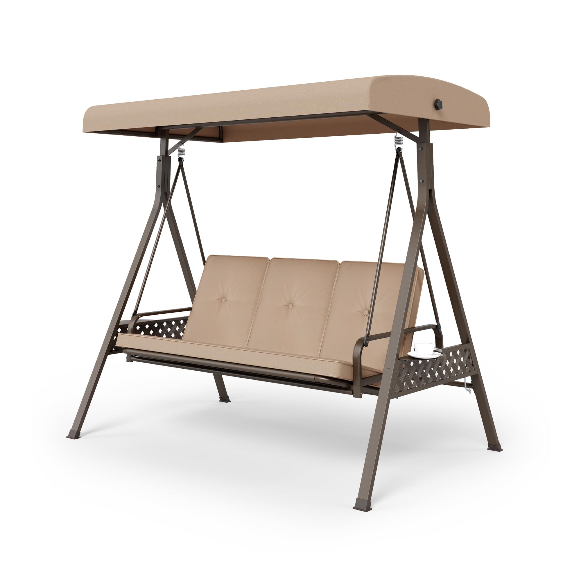 MFSTUDIO 3-Person Outdoor Patio Swing with Canopy & Cushions - Convertible 2-in-1 Porch Swing Bed with Cup Holders - Weather-Resistant 3-Seater Backyard Swing for Adults, Beige - Perfect for Relaxing in Garden, Deck or Poolside